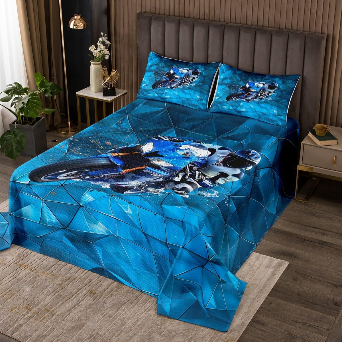 jejeloiu Boys Girls Dirt Bike Honeycomb Coverlet Set Queen Size, Durable Extreme SportBedspread Kids Luxury Collection Quilted Coverlet Teens Bedroom Decor with 2 Pillow Case