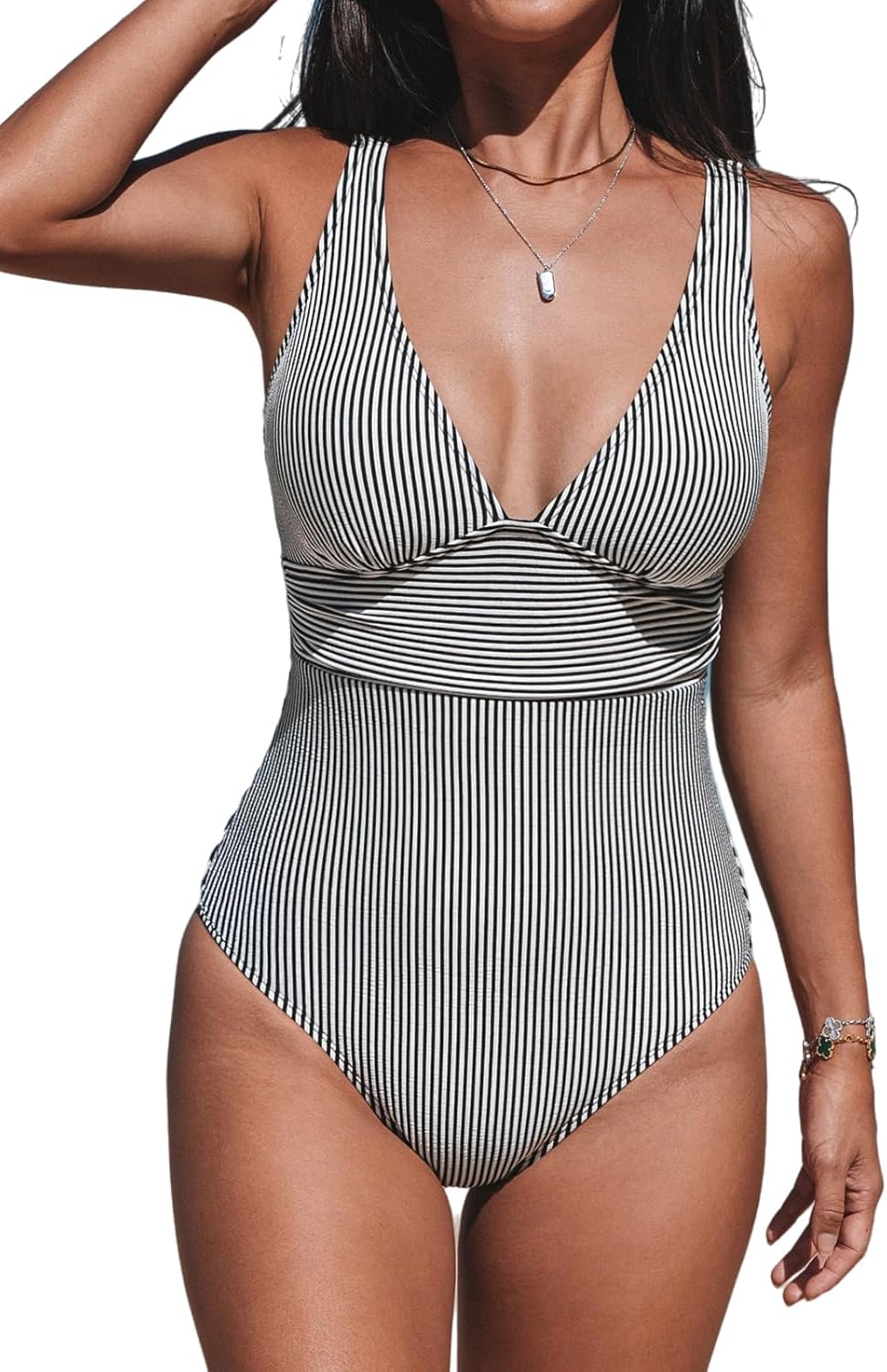 CUPSHE Women's One Piece Swimsuit Wide Straps V Neck Ruched Textured Ribbed Twist Back