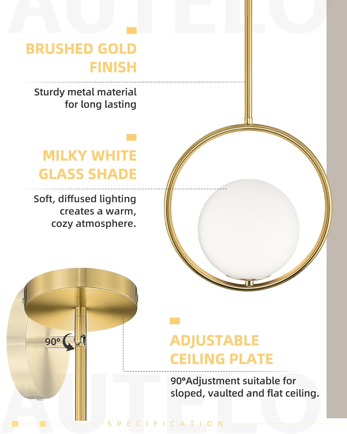 AUTELO Pendant Lights Kitchen Island, 1-Light Brushed Gold Modern Pendant Lights with Milky White Globe Hanging Lamp, Adjustable Rods for Kitchen Bar Living Room, H9380 MGBG