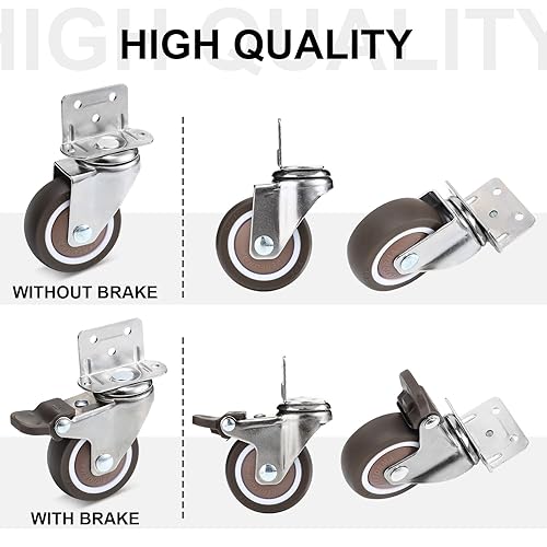 Miniatura 4 de Paquete de 8 ruedas de montaje lateral con freno de 2 pulgadas en forma de L, ruedas pequeñas de placa de elastómero termoplástico, ruedas