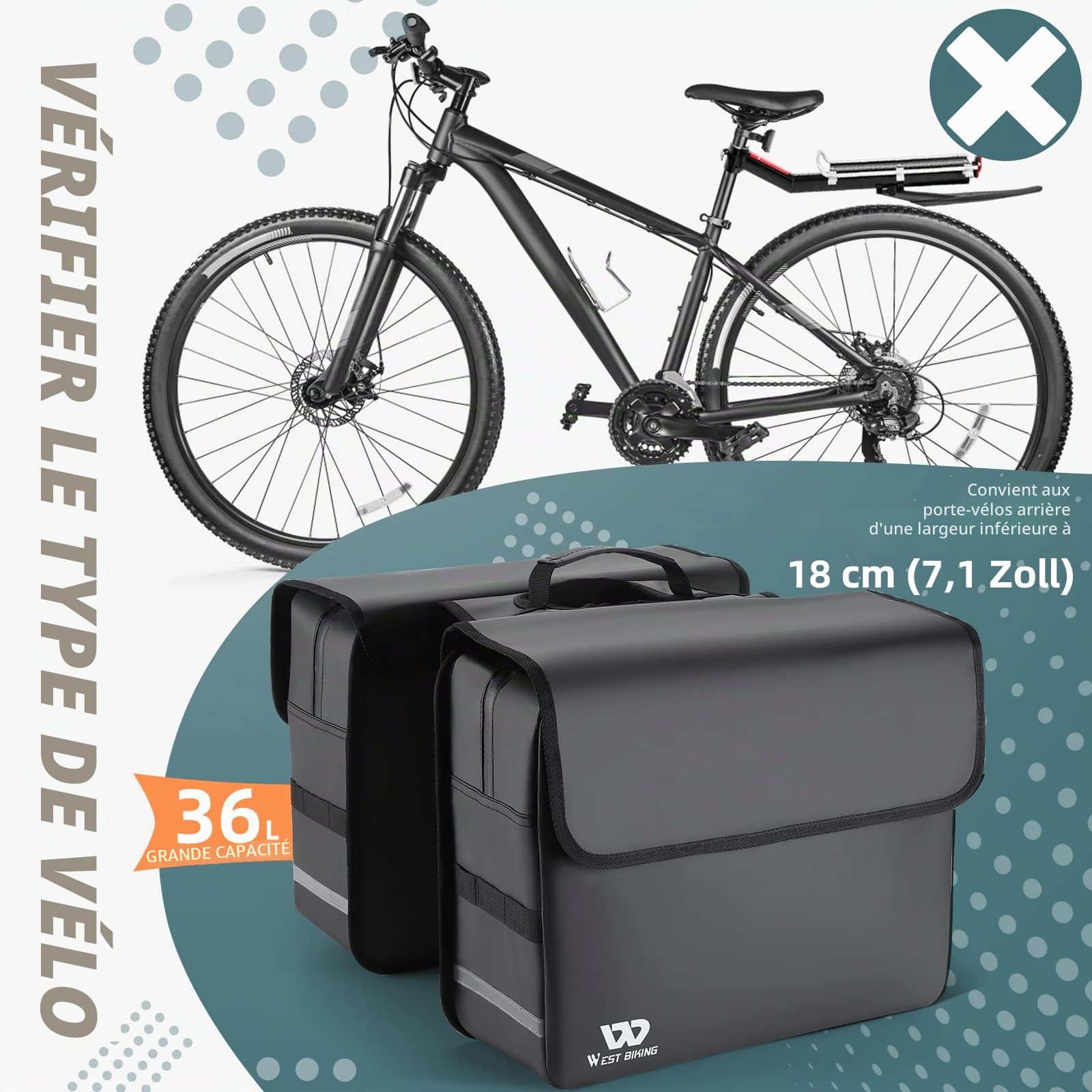 Sacoche de vélo pour porte-bagages, 36 l, étanche, double sacoche