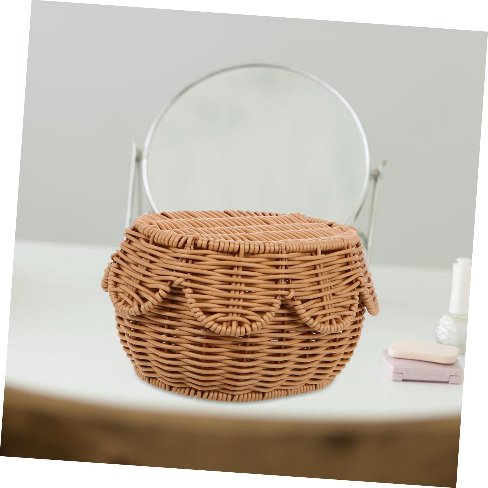 Cesta tejida a mano con tapa, ratán multifuncional para cosméticos, joyas, decoración del hogar y la oficina
