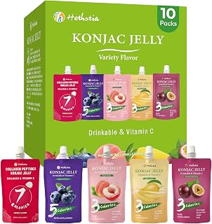 Hethstia Konjac Jelly Pouch Drinkable Variety Pack - Low Calorie, Gluten-Free, Vegan, Keto, Collagen Peptides & Vitamin C, 10 Pack - Lychee, Blueberry, Mango, Peach, Passion Fruit, Healthy Fruit Snacks & Gift