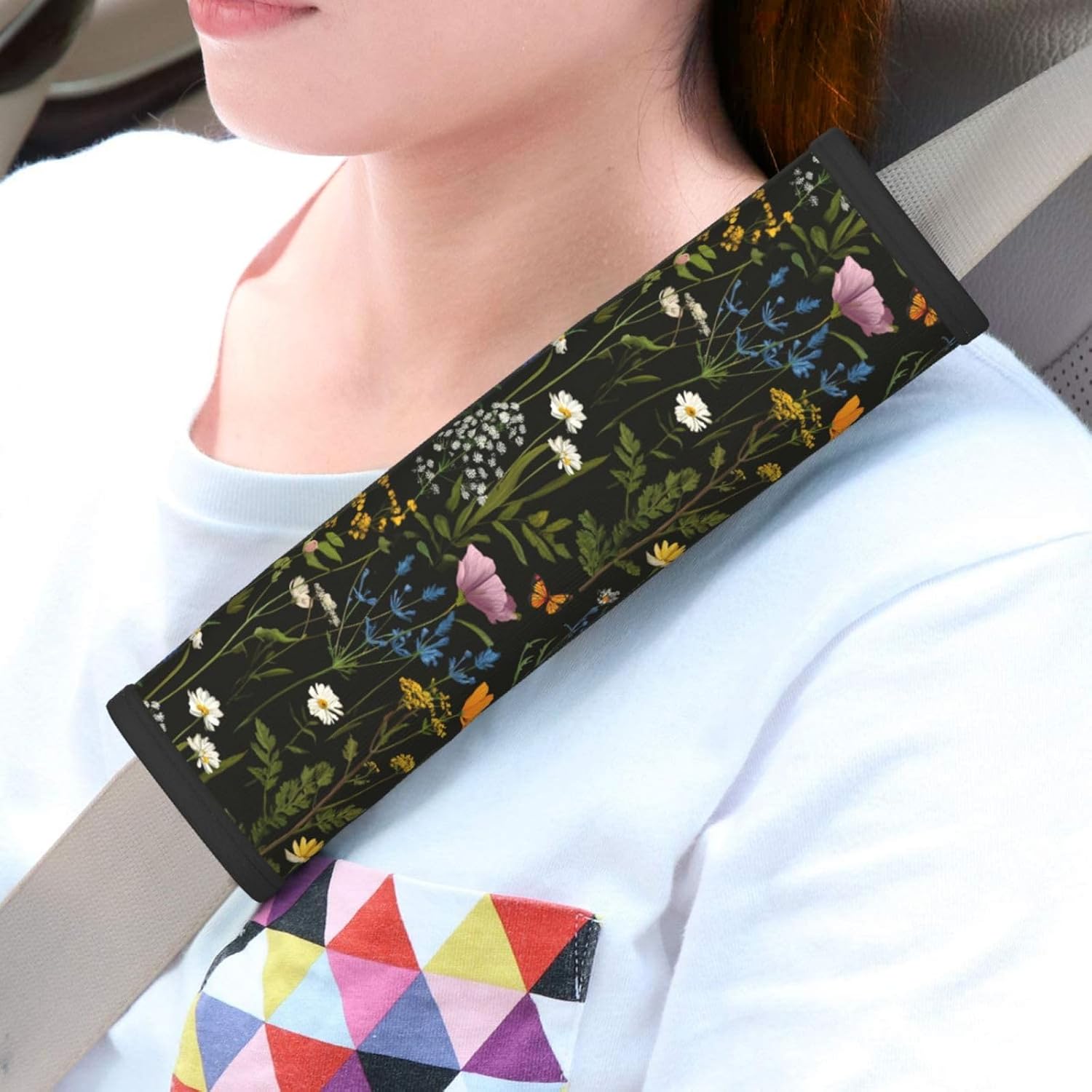 Floral Steering Wheel Cover Elastic Non-Slip Car Steering Wheel Covers with Seat Belt Shoulder Pad for Women Men