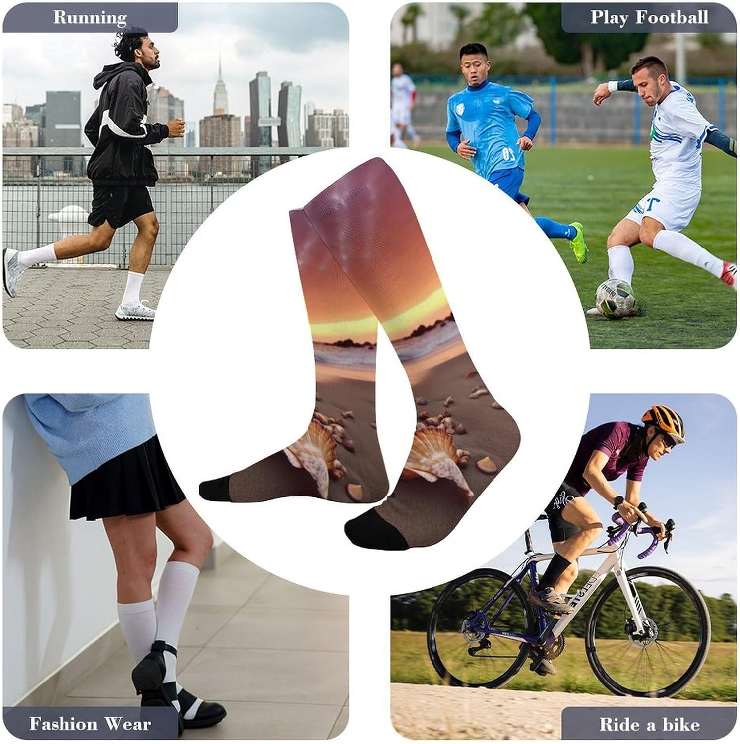 Athletic Socks, Soft Crew Mid Calf Sock, Running Sock for Unisex | Shell Beach Sunset Crew Socks for Cycling, Slouchy Hiking Socks for Business, Breathable Boot Calf Sock
