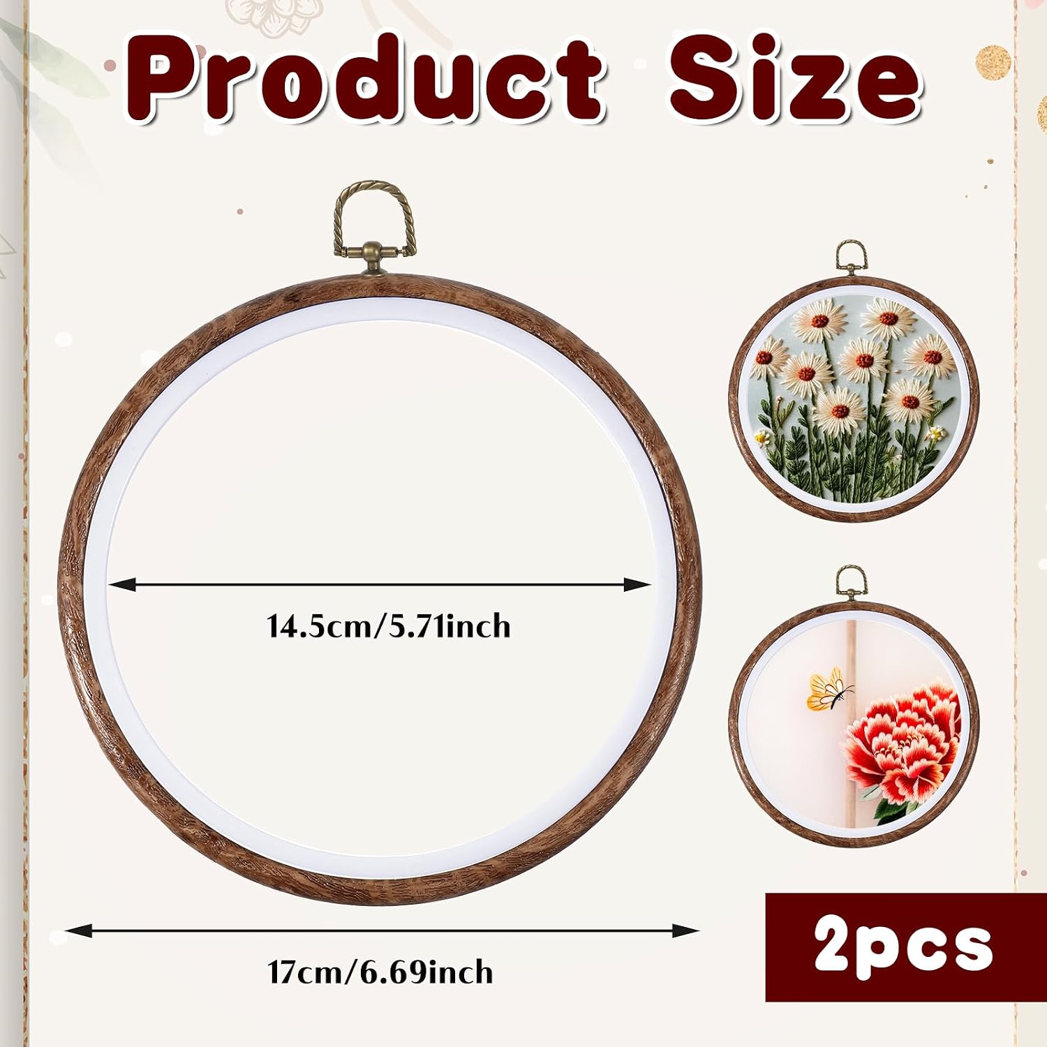 IANFAN 2 Pcs Round Embroidery Hoop Frame, 8 Inch Imitated Wood Embroidery Frame Circle Cross Stitch Hoop for Art Craft Sewing Hanging Ornaments Decor
