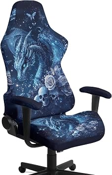 Dragon Print Gaming Chair Covers Stretch Non-Slip Computer Game Chair Seat Slipcovers with Armrest Cover 4 Pieces, Skull and Rose
