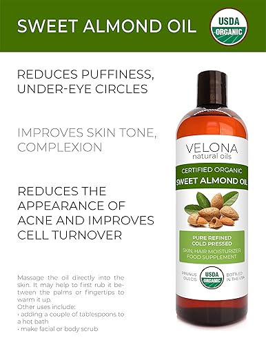 Miniatura 2 de velona Aceite orgánico de almendras dulces certificado por USDA, 32 onzas, aceite portador 100% puro y natural, refinado, prensado en frío,