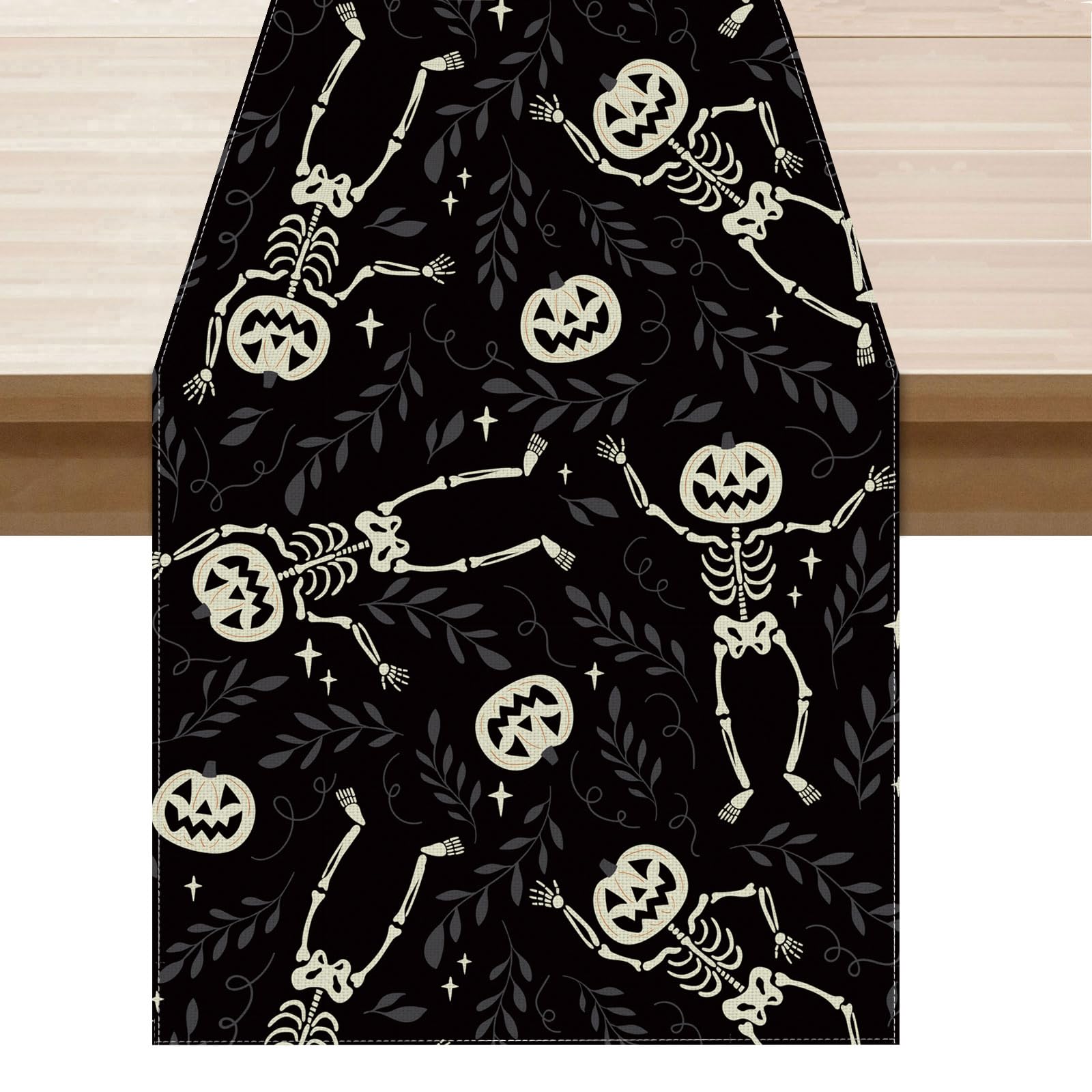 BOTB LIHMHalloween Table Runner Black Skeleton Spooky Pumpkin Burlap Table Decoration for Home Kitchen Dining Dinner Indoor Holiday Farmhouse Decor 13x60 Inch