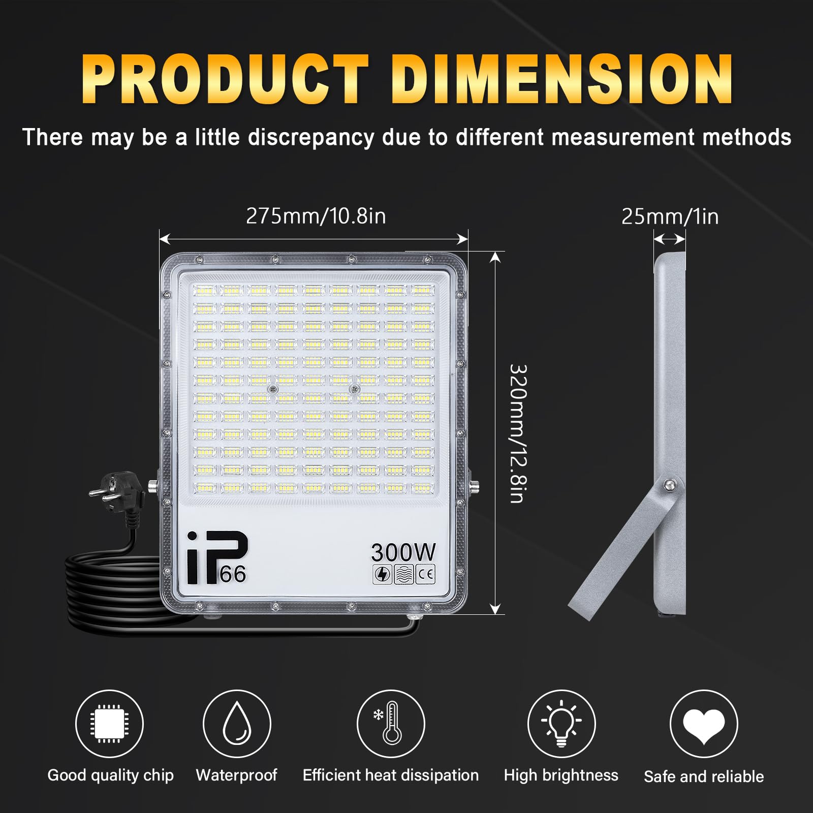 RIGIDON LED Strahler Außen mit Stecker, 300W 30000LM 6000K Kaltweiß Fluter | IP66 Wasserdicht Led Scheinwerfer Flutlicht Außenstrahler für Garten, Innenhöfe, Garage, Sportplatz, Terrassen, Werkstatt