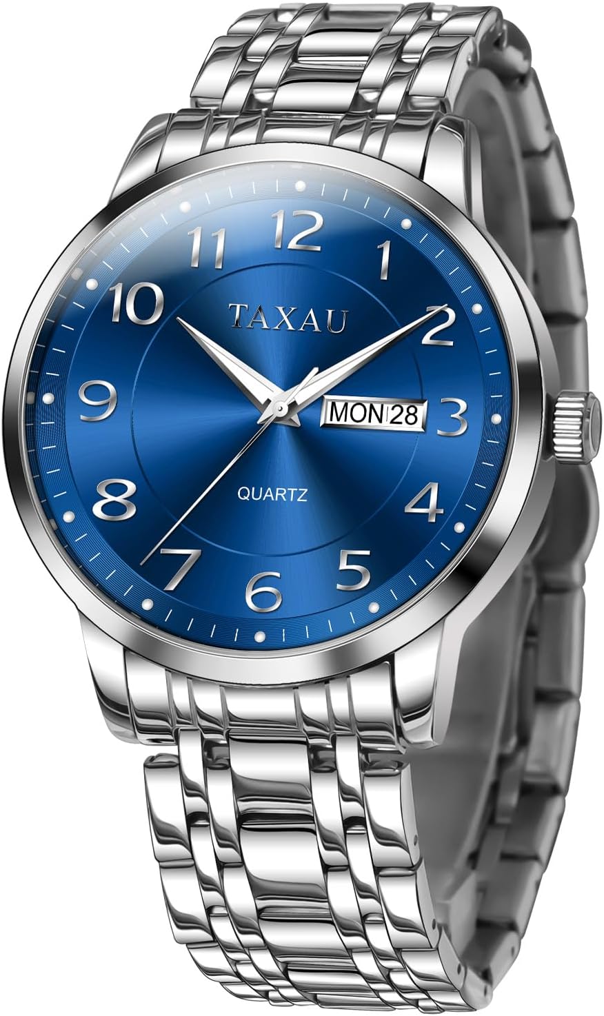 Stainless Steel Mens Watches with Day Date Quartz Analog Large Face Classic Watch Arabic Numerals Dress Luminous Rlojes para Hombres