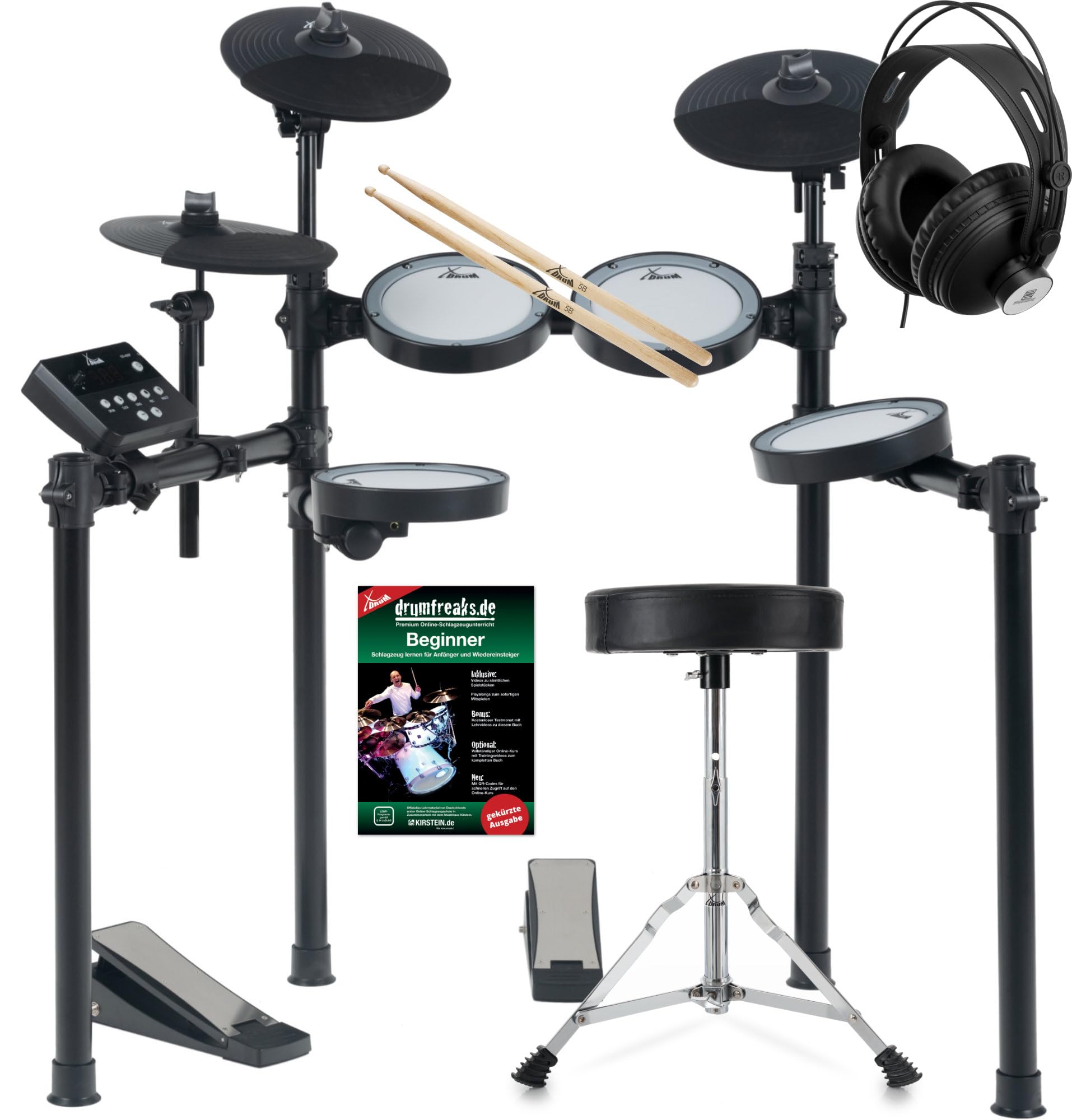 XDrum DD-460C E-Drum Kit Home Set, Batería electrónica con Mesh Heads | 4x pads de caja/tom de 8" de zona única, 1x controlador de kick, 3x pads de platillo de 10" de doble zona, Incluye rack, 5 mm
