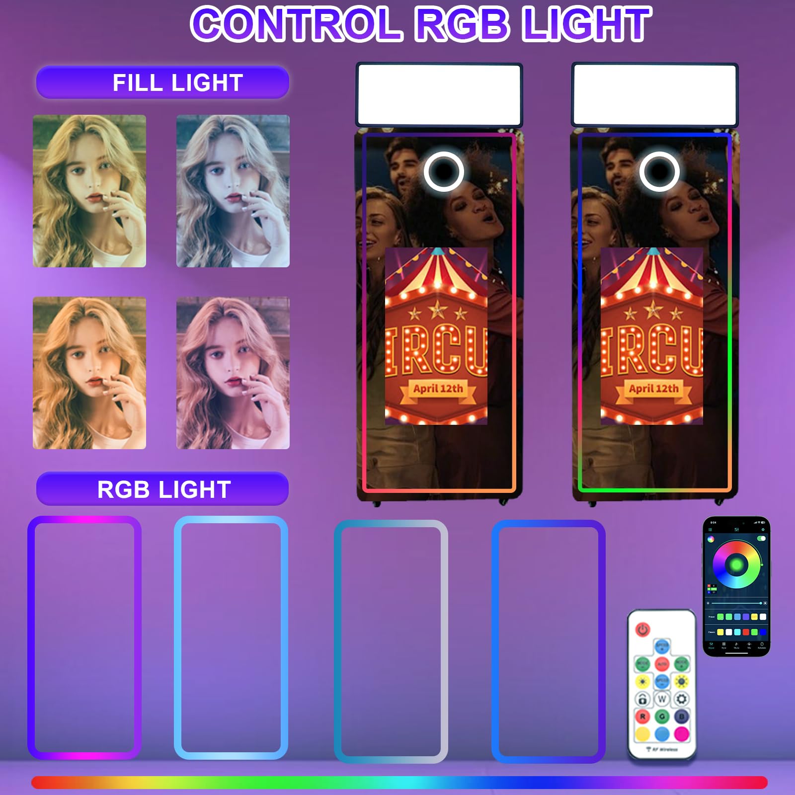 Magic Mirror Photo Booth Machine 165-81.3 cm fotobudka z ekranem dotykowym ze światłem RGB, drukowanie pomysłów i udostępnianie na imprezę (białe + kwadratowe światło, maszyna)