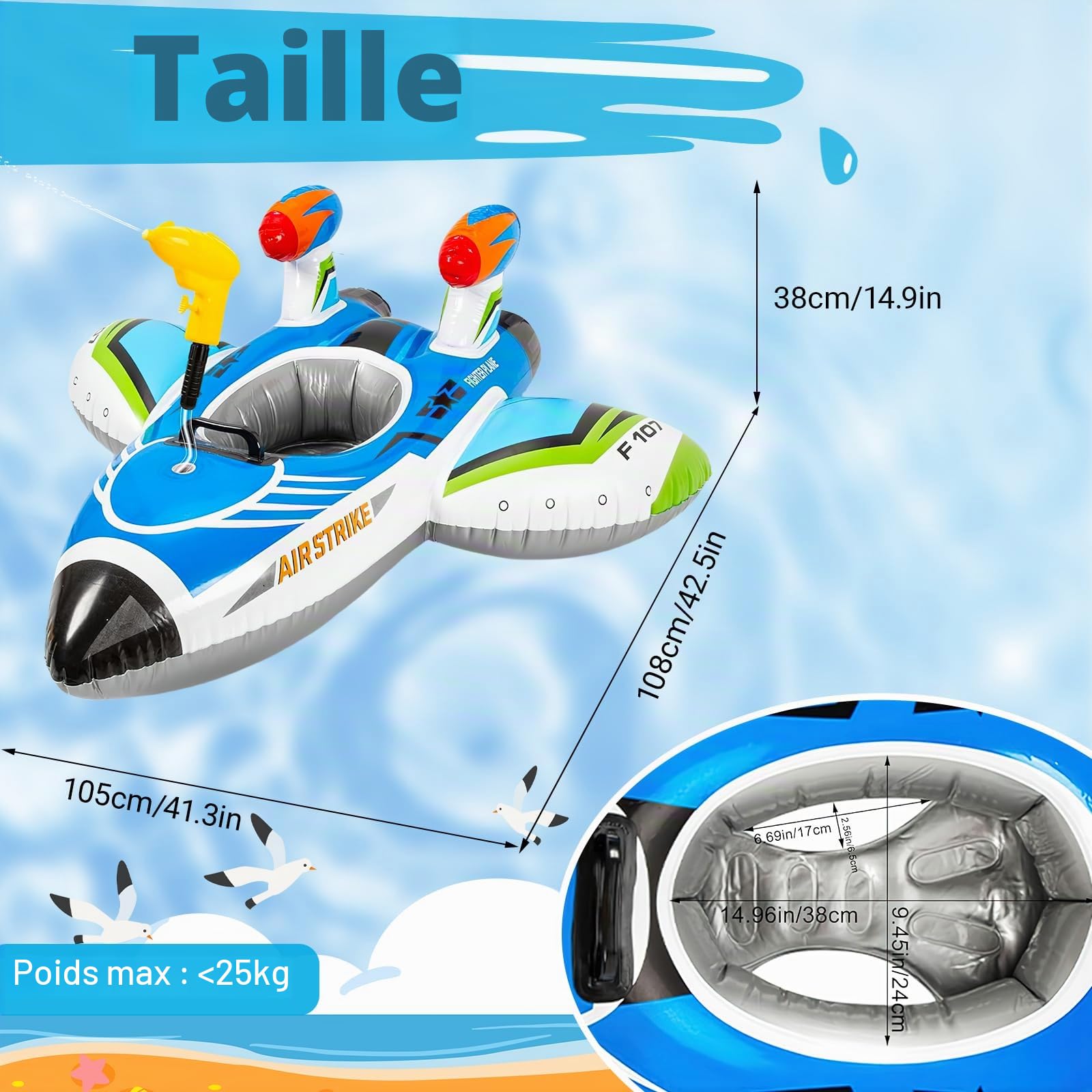 Bouee Bebe avec Pistolet, ZoneYan Bouee Piscine Bebe, Flotteur De Natation Avion, Jouets Aquatiques Piscine pour Enfants 1-6 Ans
