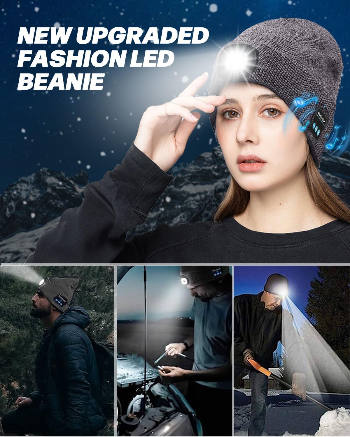 MOXTOYU Bluetooth Beanie with Light, USB Rechargeable LED Headlamp Winter Hat, Men Women Valentine's Day Gifts