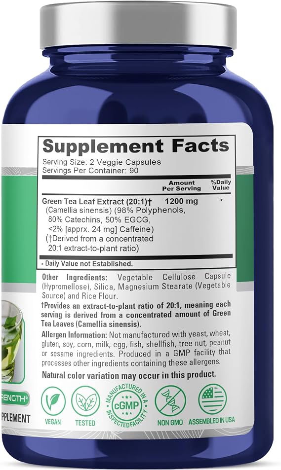 NusaPure Green Tea Capsules, 1200 mg, 180 Veggie Capsules (Non-GMO, Vegan)