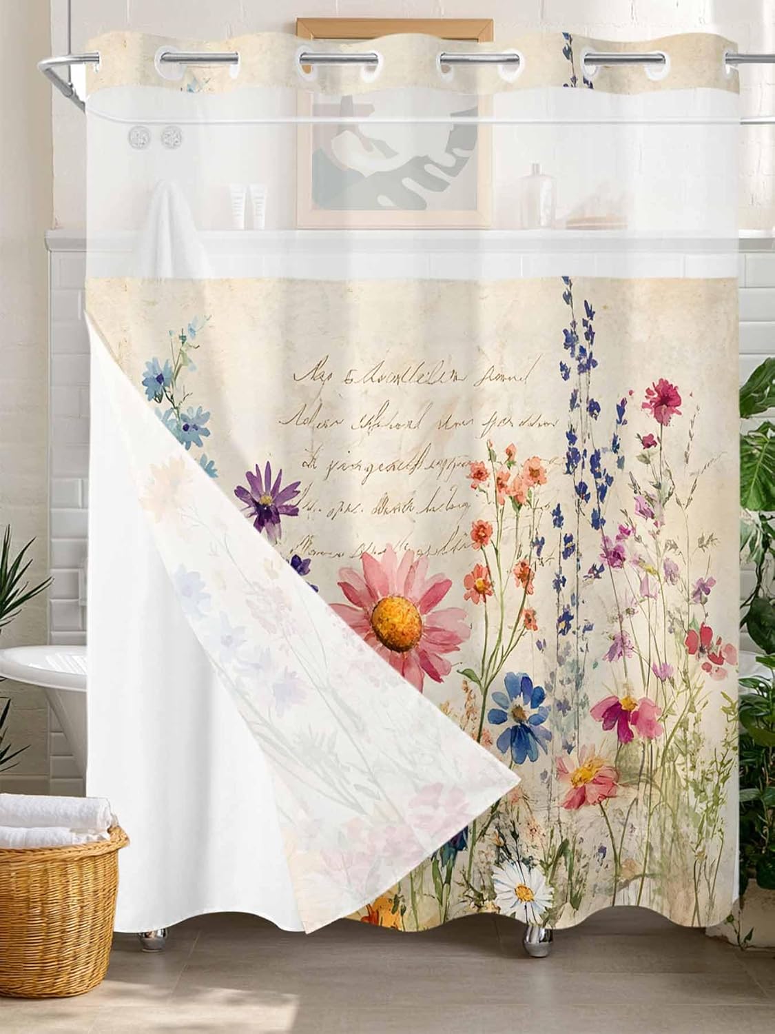 No Hook Shower Curtain with Snap in Liner, Spring Summer Flower Vintage Waterproof Fabric Bathroom Curtain Mesh Top Window Washable, Floral Wildflowers Colorful 72" x 78"