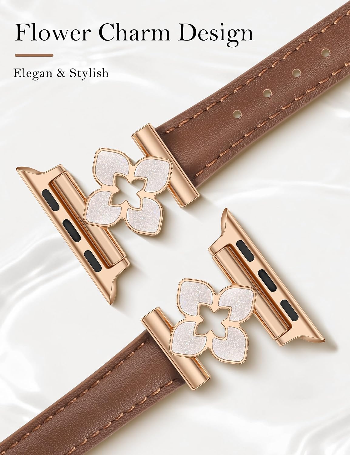 Minyee Compatible with Apple Watch Band 42/41/40/38/44/45/46/49mm Women, Slim Dressy Chic Premium Soft Leather Strap with Bling Dainty Flower Charm for iWatch Series 11 10 9 8 7 6 5 4 Ultra/SE 3 2 1 image 2
