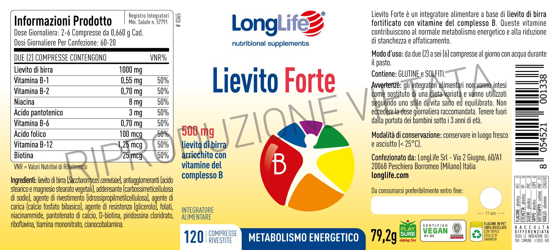 LongLife® Lievito Forte | Integratore di lievito di birra con vitamine del gruppo B | Metabolismo energetico | Riduzione stanchezza e affaticamento | 120 compresse | Vegano e doping free.