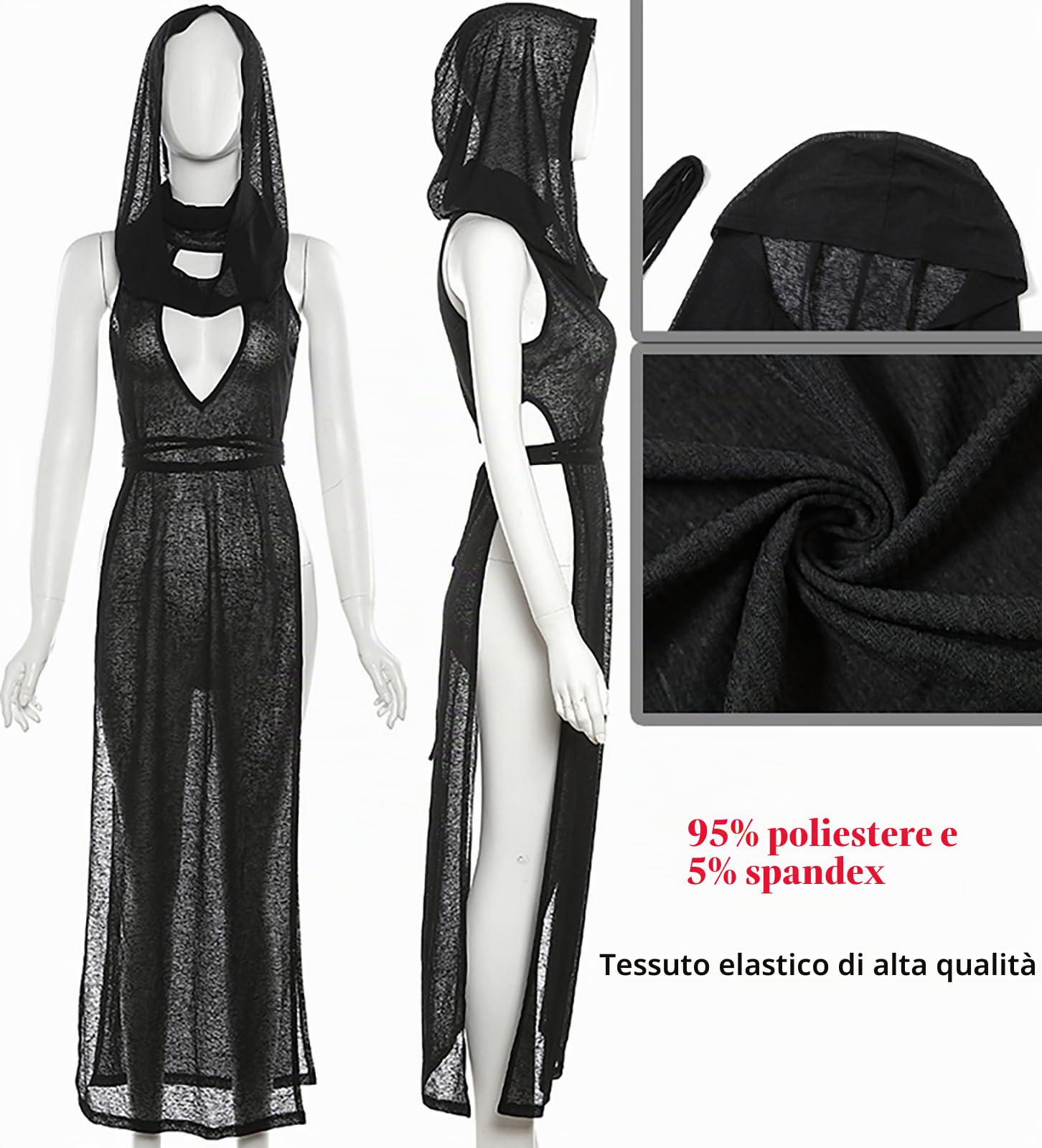 Abito da donna in stile gotico, con collo alto, senza maniche, con spacco alto, con cappuccio, EDM Music Festival Outfits