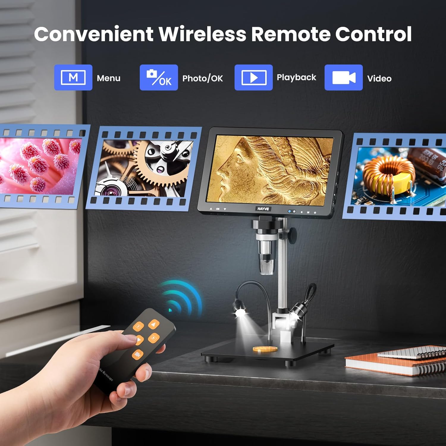 Hand holding the wireless remote control for the Hayve DM13 microscope, with icons for Menu, Photo/OK, Playback, and Video functions.