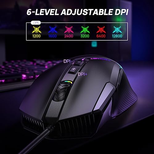 Miniatura 2 de TECKNET Ratón para juegos con cable, 12,800 DPI con sensor óptico, 8 botones programables, 13 modos retroiluminados RGB, diseño ergonómico, ratones