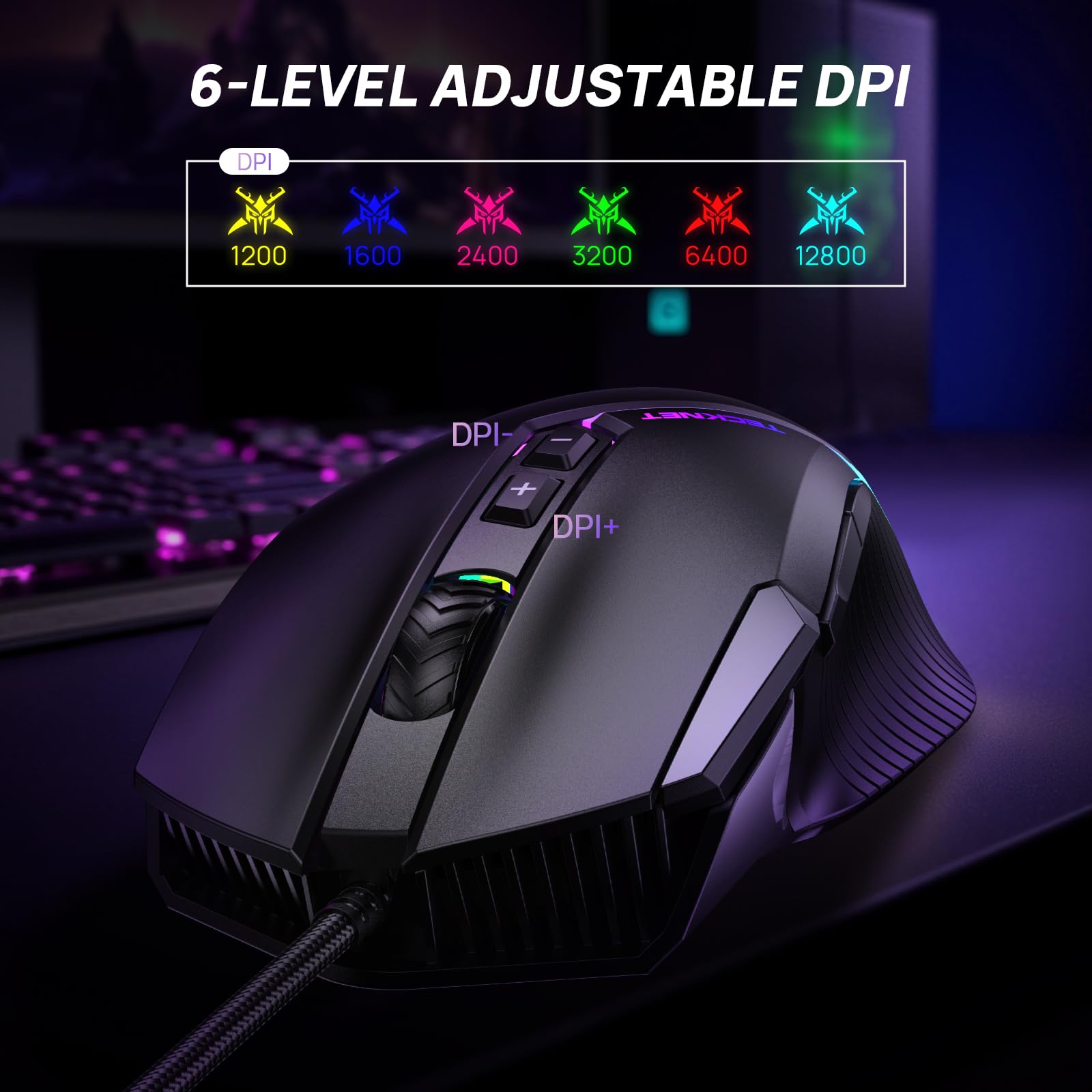 TECKNET Wired Gaming Mouse, 12,800 DPI with Optical Sensor, 8 Programmable Buttons, 13 RGB Backlit Modes, Ergonomic Design, Custom Software Gaming Mice for Laptop,PC - 3