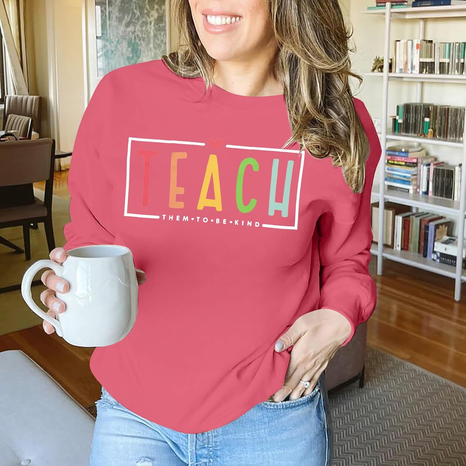 KNEYATTA Teacher Sweatshirt for Women Teach Them to Be Kind Tshirts Crewneck Sweatshirts Long Sleeve Pullover Tops - Image 2