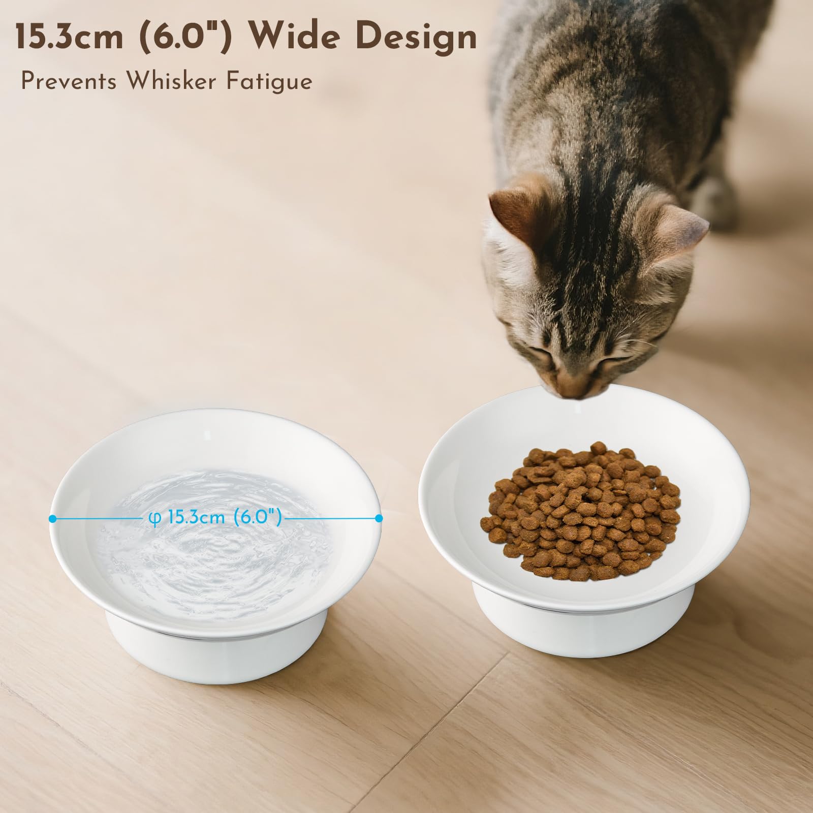 Ciotole Rialzate per Gatti in Ceramica 15,3 cm 2 Pezzi Anti Vomito con Supporto Lavabili in Lavastoviglie Bianco