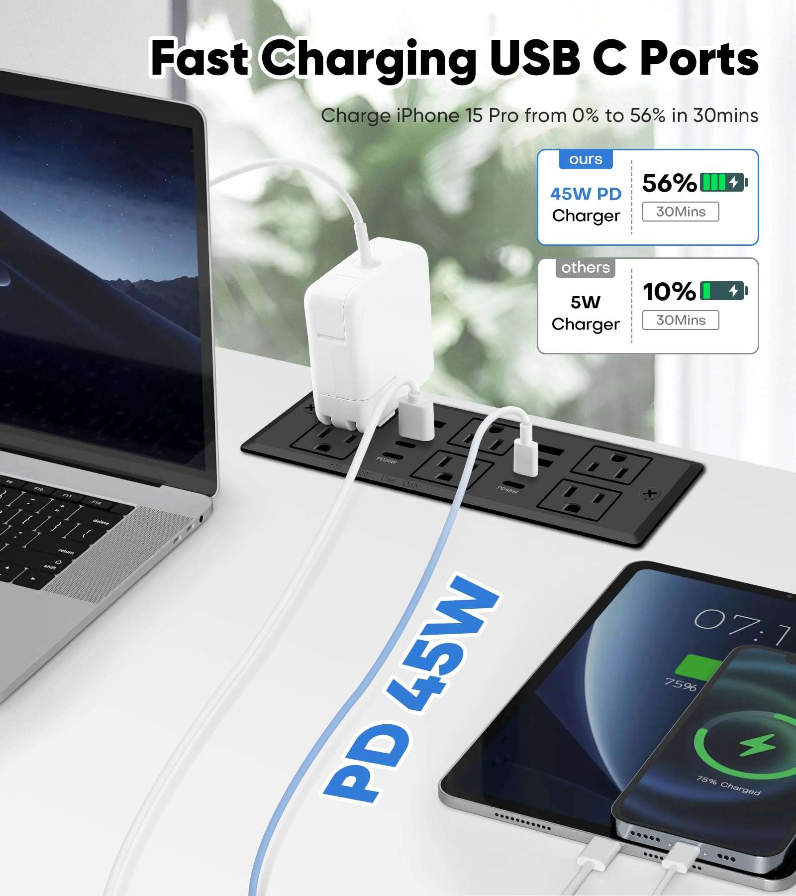 Podtynkowy Power Strip, PD 45 W, szybkie ładowanie USB-C QC3.0 3A USB-A, zasilacz wtykowy, 6 gniazd i 4 porty USB-A i 4 porty USB-C, przedłużacz połączenia