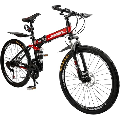 Bruce & Shark 26" Folding Mountain Bike for Men, 21 Speeds Full Suspension Commuter Bicycle, High Carbon Steel & Disc Brakes, Portable City Outdoor Bike for Adult Youth Teen