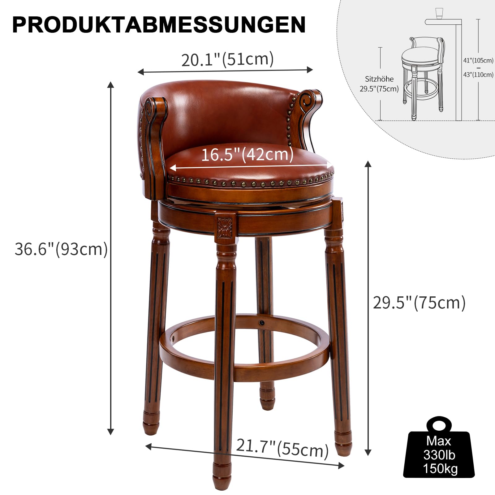 Cow top Leather Wooden Bar Stools, 29.5" Counter Height Bar Chair with Back, 180 Degrees Swivel Barstools Chair for Home Kitchen Counter ,Dining Room, Restaurant,Study and Pub,1pc (Dark Blue) - 3