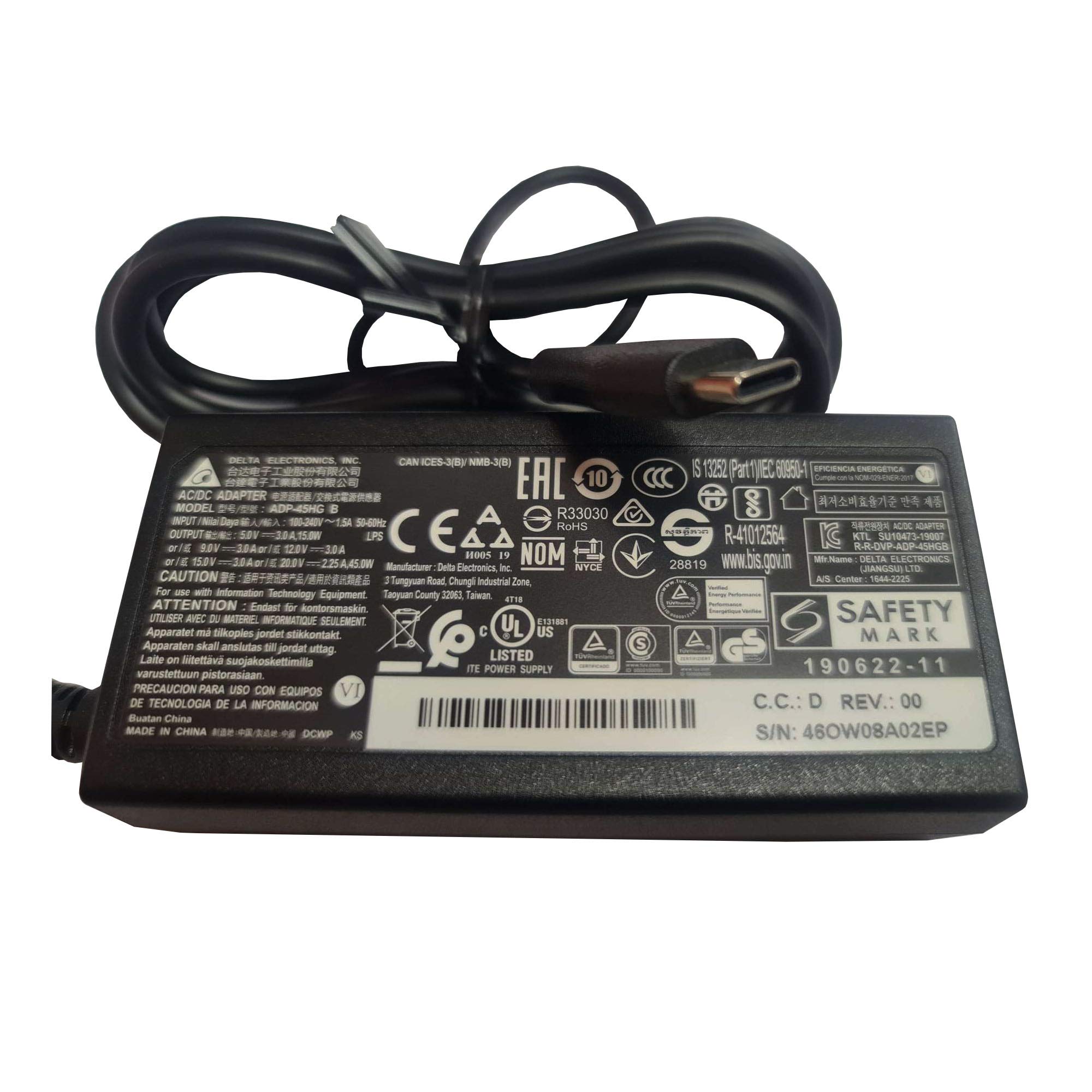 Delta 45w USB-C Laptop Charge Compatible with Dell Part Number T6V87 KR7FK C036Y 2VP8G C13F5 Y91PF X2GC2 HDCY5 C036Y 036HFH LA45NM150 492-BBWZ 36HFH 492-BBUS TYPE C CONNECTION