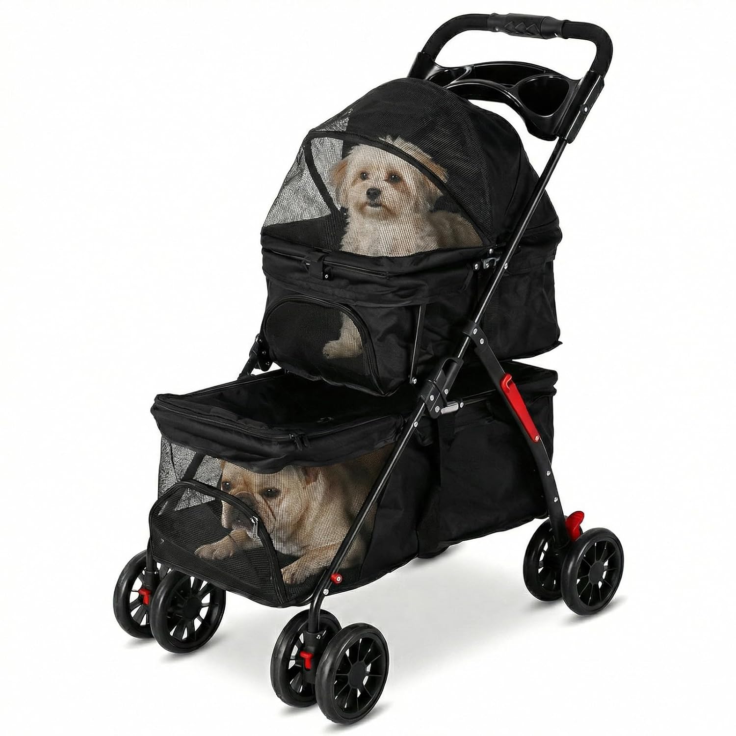 Travel Carriage for Small Cats and Dogs Foldable Kittens Puppies Travel Strolling Cart with Safety Belts Cup Holder & Lockable Wheels for Daily Walks & Outdoor Use