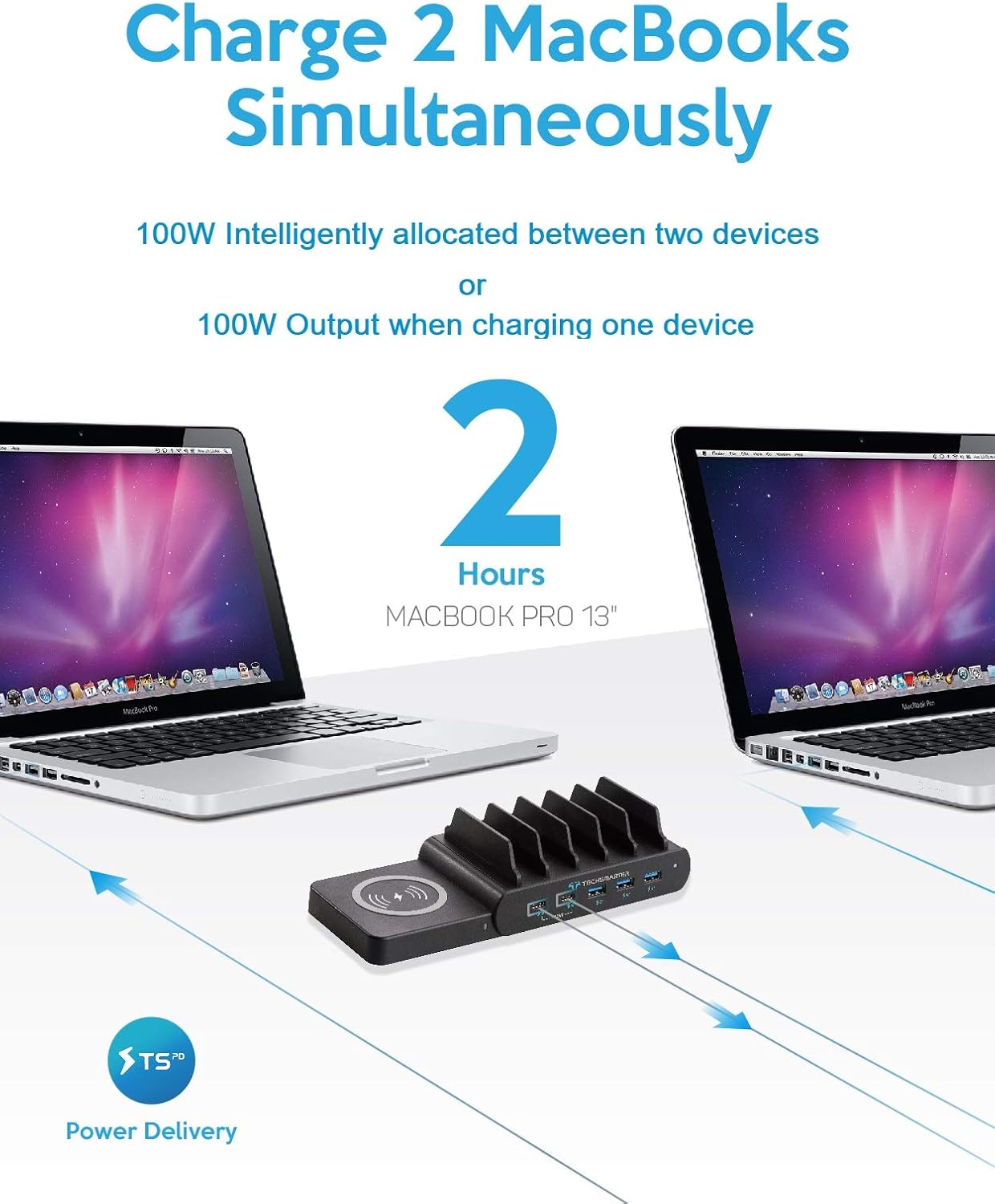 Techsmarter Charging Station charging two MacBook Pro laptops.