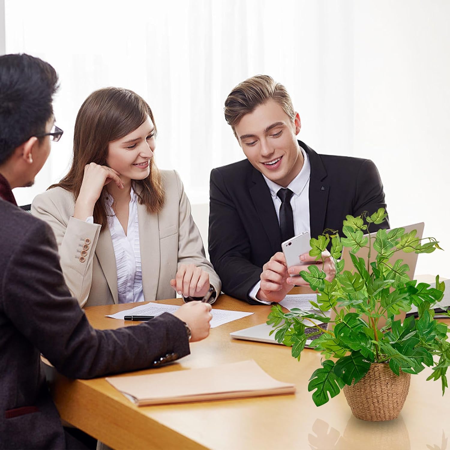 14'' Decorative Faux Monstera Plant Potted in Yellow Woven Ceramic Planter Realistic Fake Greenery Artificial Plant for Home Office Bathroom Kitchen Bedroom Tabletop Decor - Image 4