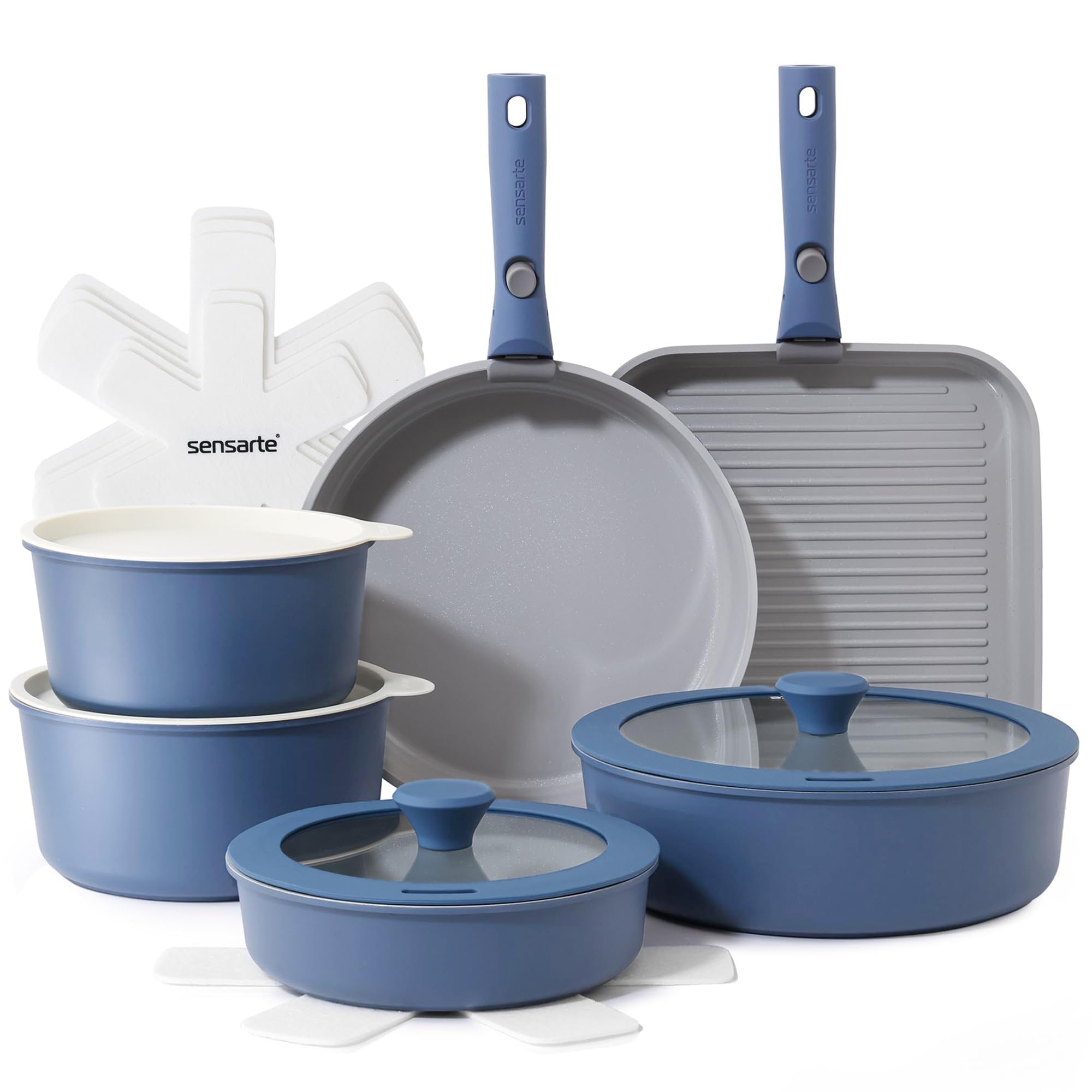 SENSARTE Set Pentole Induzione 17 pezzi con manici rimovibili | Antiaderente in ceramica naturale, comprende padelle, casseruole e bistecchiera, impilabile, compatibile forno/lavastoviglie