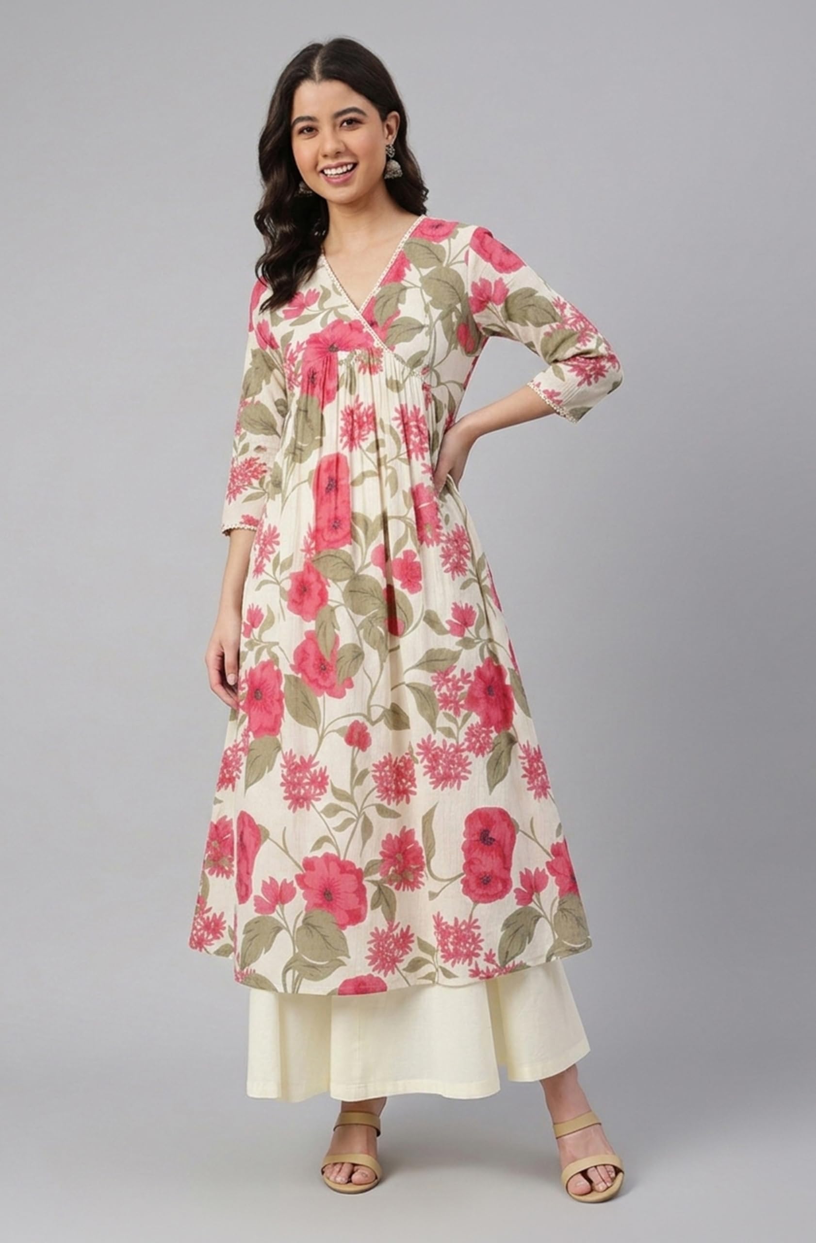 Janasya Women's Pure Cotton Floral Printed Flared Kurta