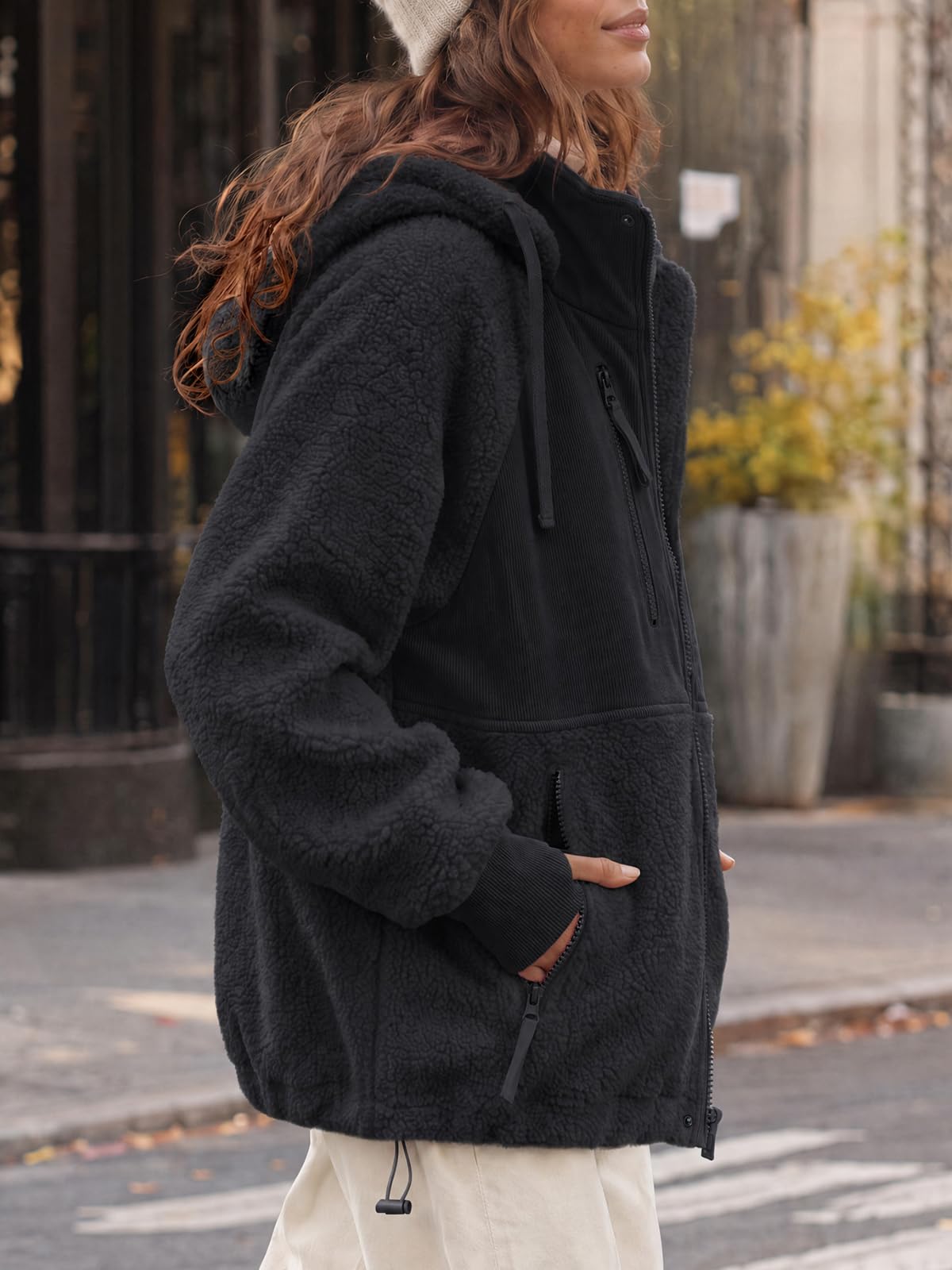 Cicy Bell Damen FleeceJacke Kurz Teddyfell Mantel mit Reißverschluss Hoodie