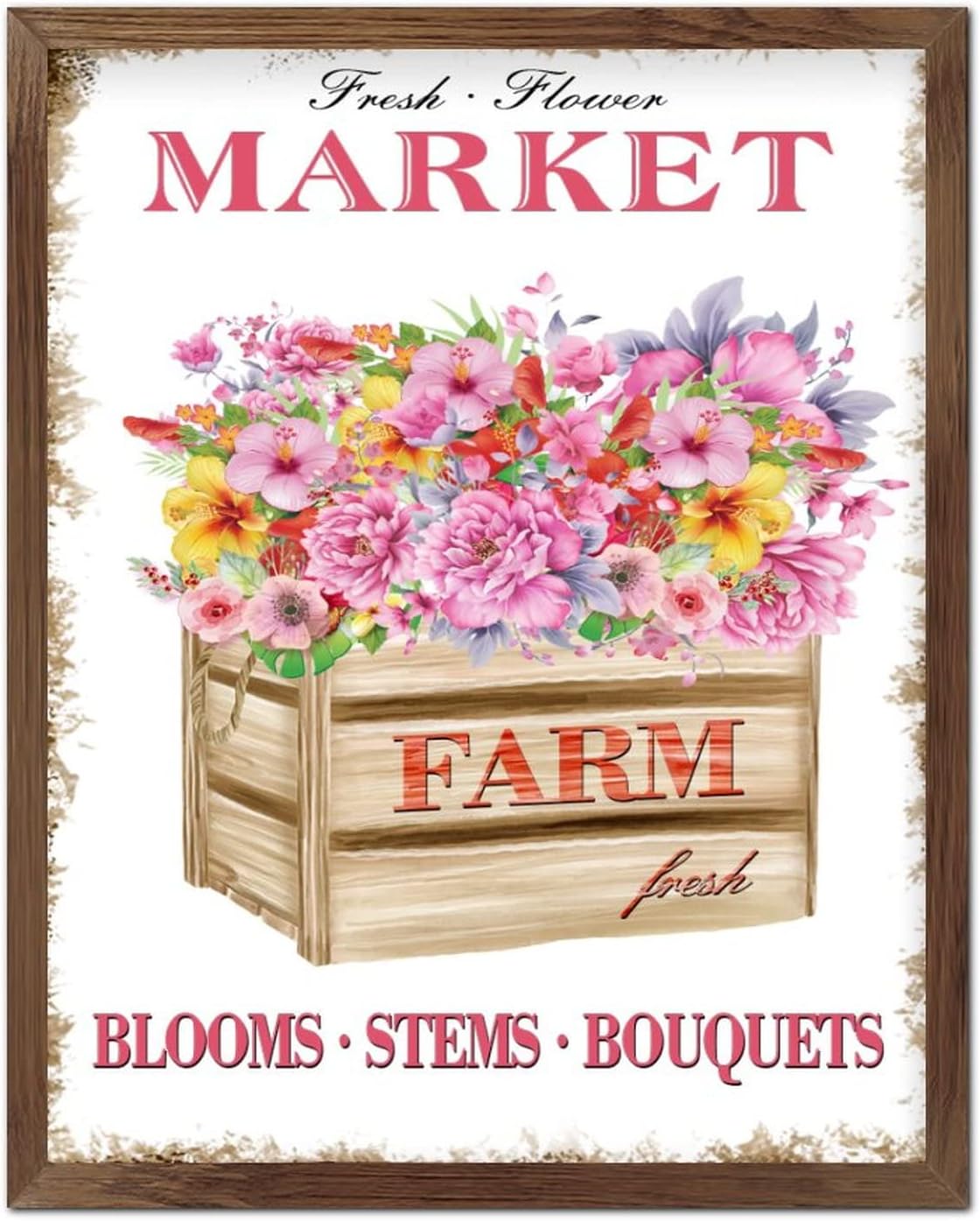 Farm Fresh Flower Market Wooden Framed Signs Spring Fresh Orchid Flower Box Wooden Art Wall Farmhouse Garden Floral Wall Art Hanging Farmhouse Decoration Plaque for Home Bar Room Bedroom 20x16inch