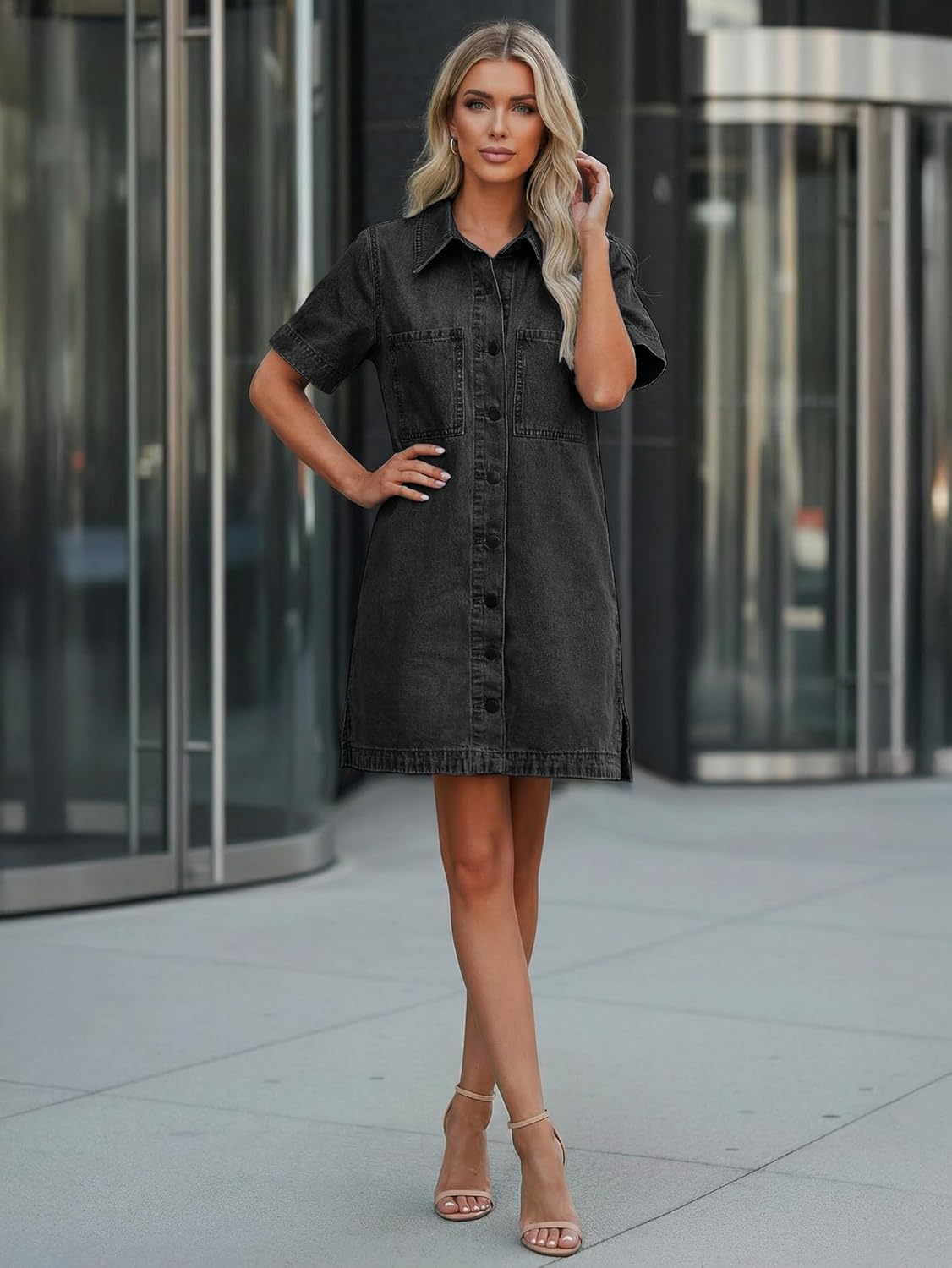 EMMIOL Button Down Denim Dress for Women - Short Sleeve Babydoll Mini Jean Shirt Dresses Summer Casual Trendy Outfits - Image 6