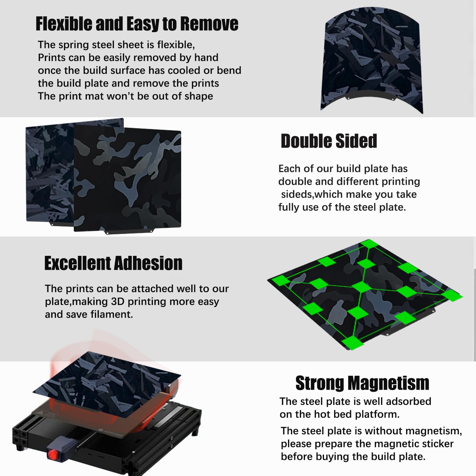 Adventurer Plaque de construction 5M pour imprimante 3D Adventurer 5M/5M pro/Ender 3/3 Pro/Ender 3 S1/Ender 3 V2 Neo/Ender 3 Neo 3D Lame en acier avec ressort de camouflage 235 x 235 mm