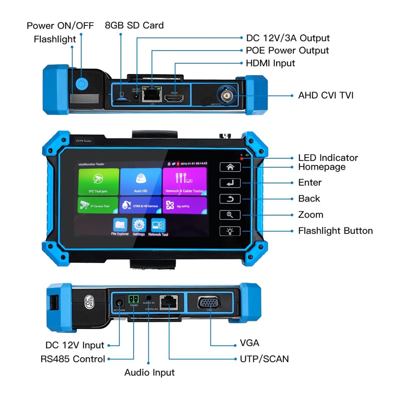 IP-Kameratester 8MP IPC Tester AHD CVI TVI CVBS Analoger Monitor CCTV Tester H.265/H.264 4K VGA Eingang RJ45 TDR/UTP Kabeltest CCTV Tester