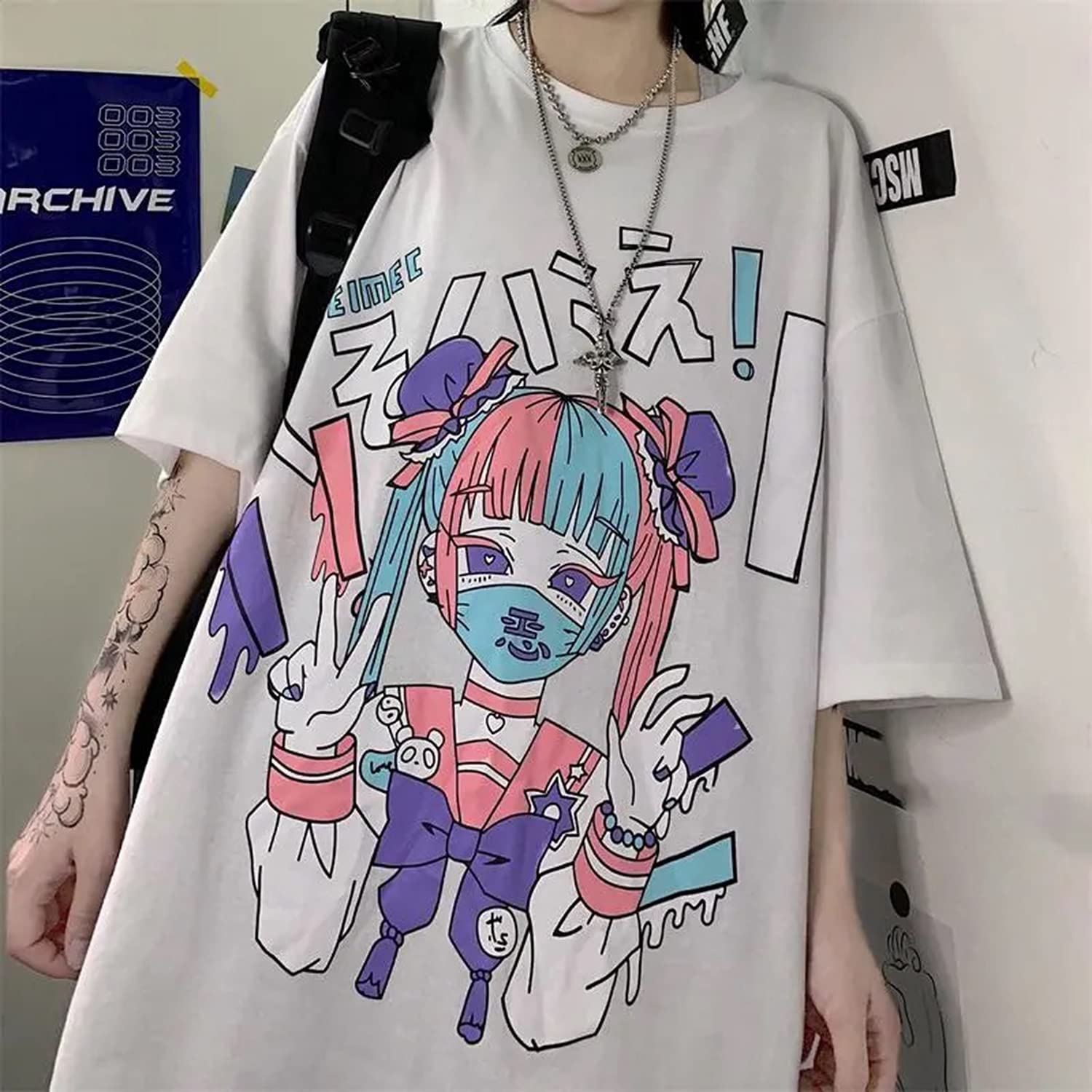 Women Summer Gothic T-Shirt Anime Aesthetic Print Harajuku Fashion Casual Tops: Large White3