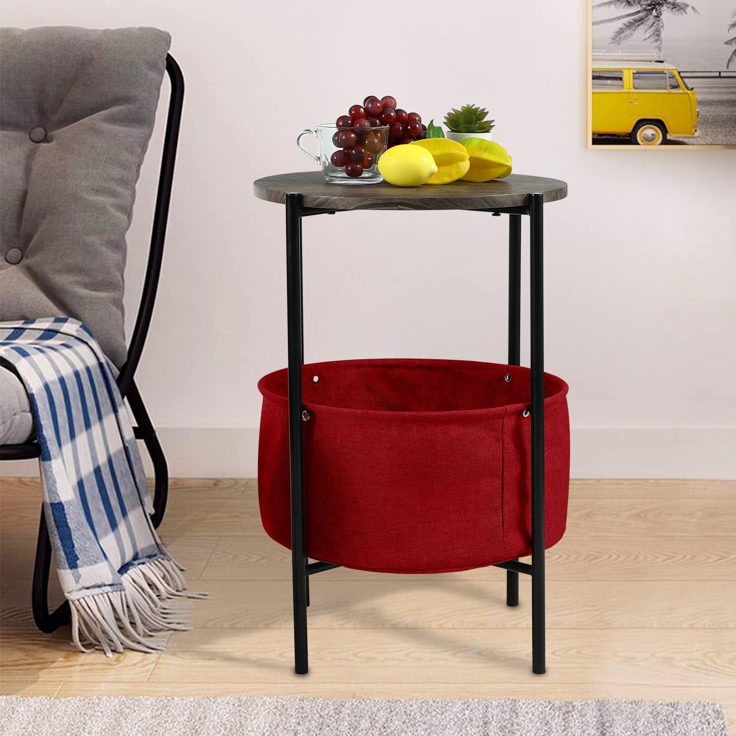 Round Storage End Table, Modern Side Table with Cloth