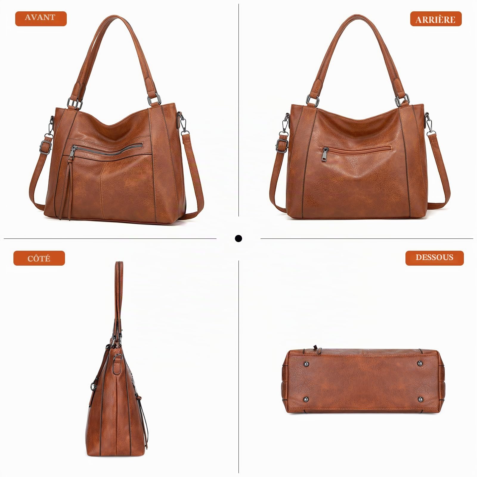BAIGIO Sac a Main Grand Cuir PU Sac Hobo Sac Cabas Femme Sac Bandoulière Fourre Tout Messenger et Portefeuille Ensemble pour Travail Shopping Party Voyage