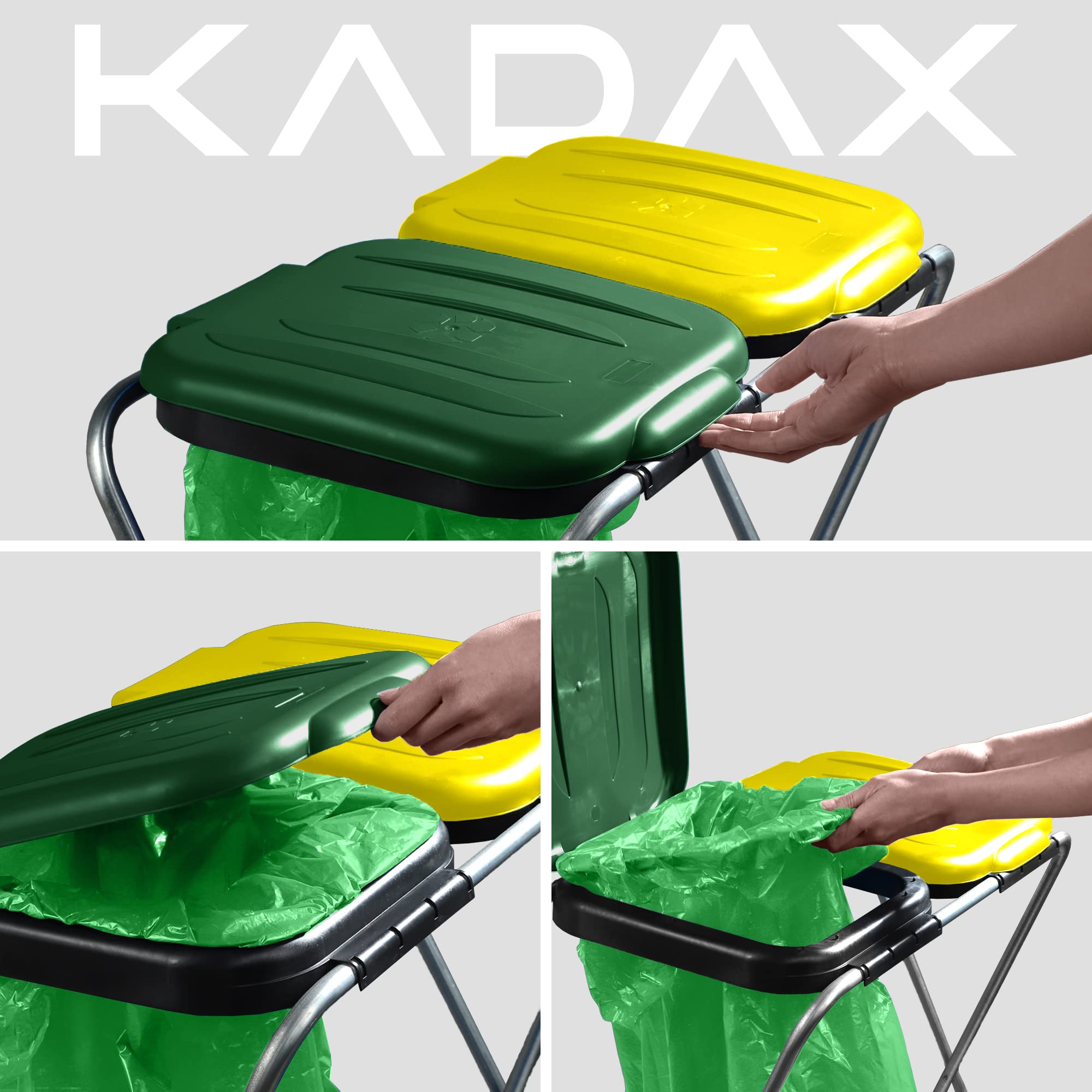 KADAX Porte-Sac Poubelle pour Interieur et Exterieur, Support Pratique pour Les Sacs de Recyclage d'une Capacité de 120L (Double: Jaune et Vert)
