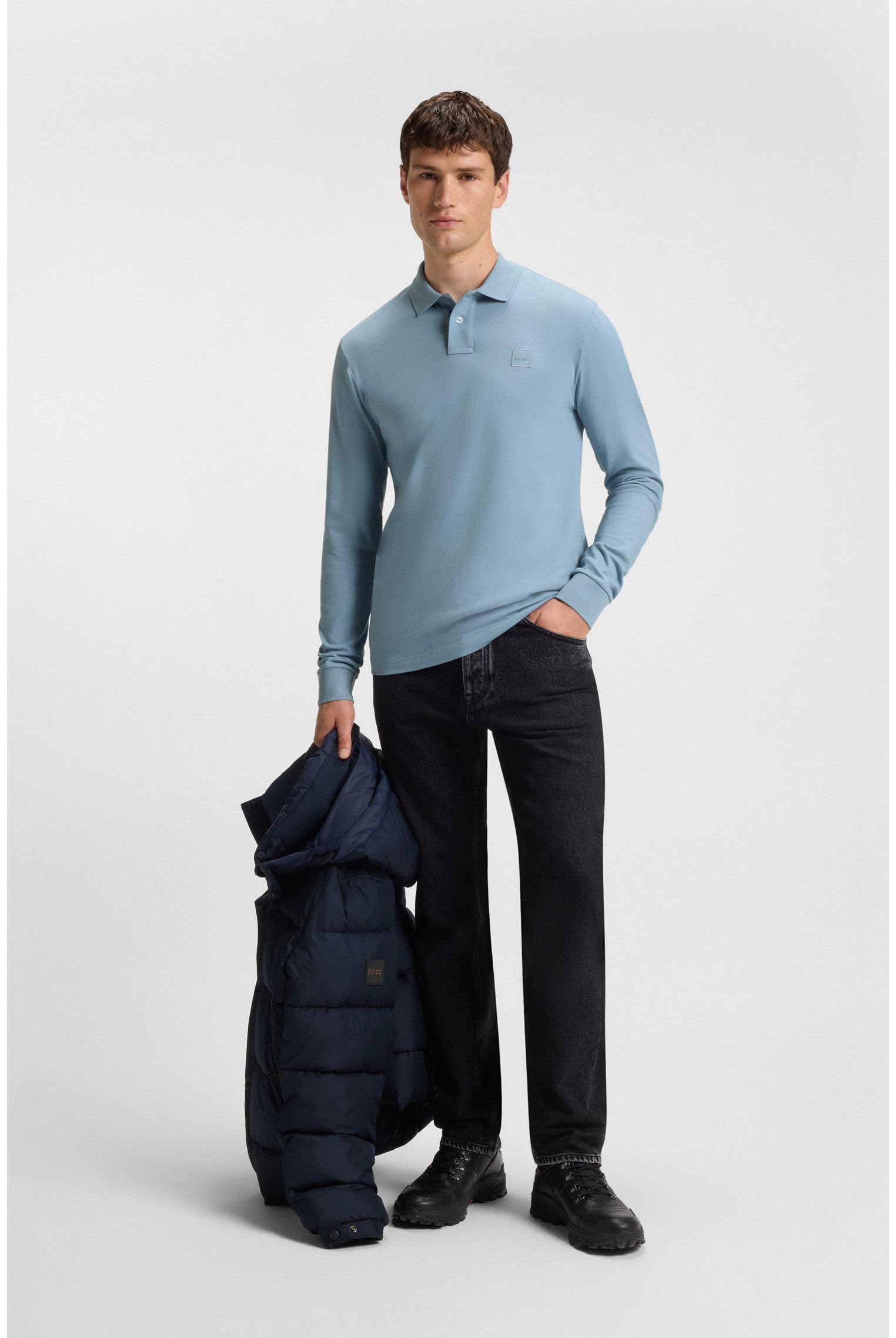 BOSS Herren Pirol Longsleeve-Poloshirt aus Interlock-Baumwolle mit tonalem Logo