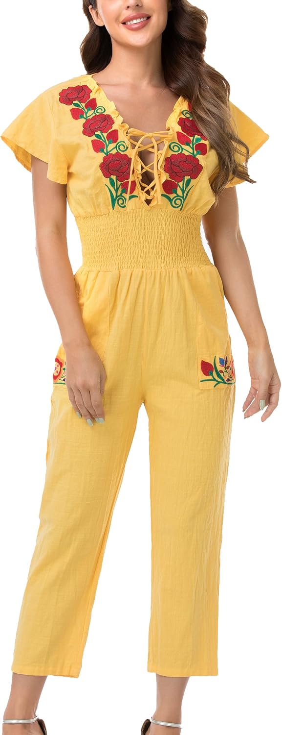 YZXDORWJ Women's Mexican Floral Embroidered Jumpsuits Casual Lace Short Sleeves Pants with Two Pockets - Image 4