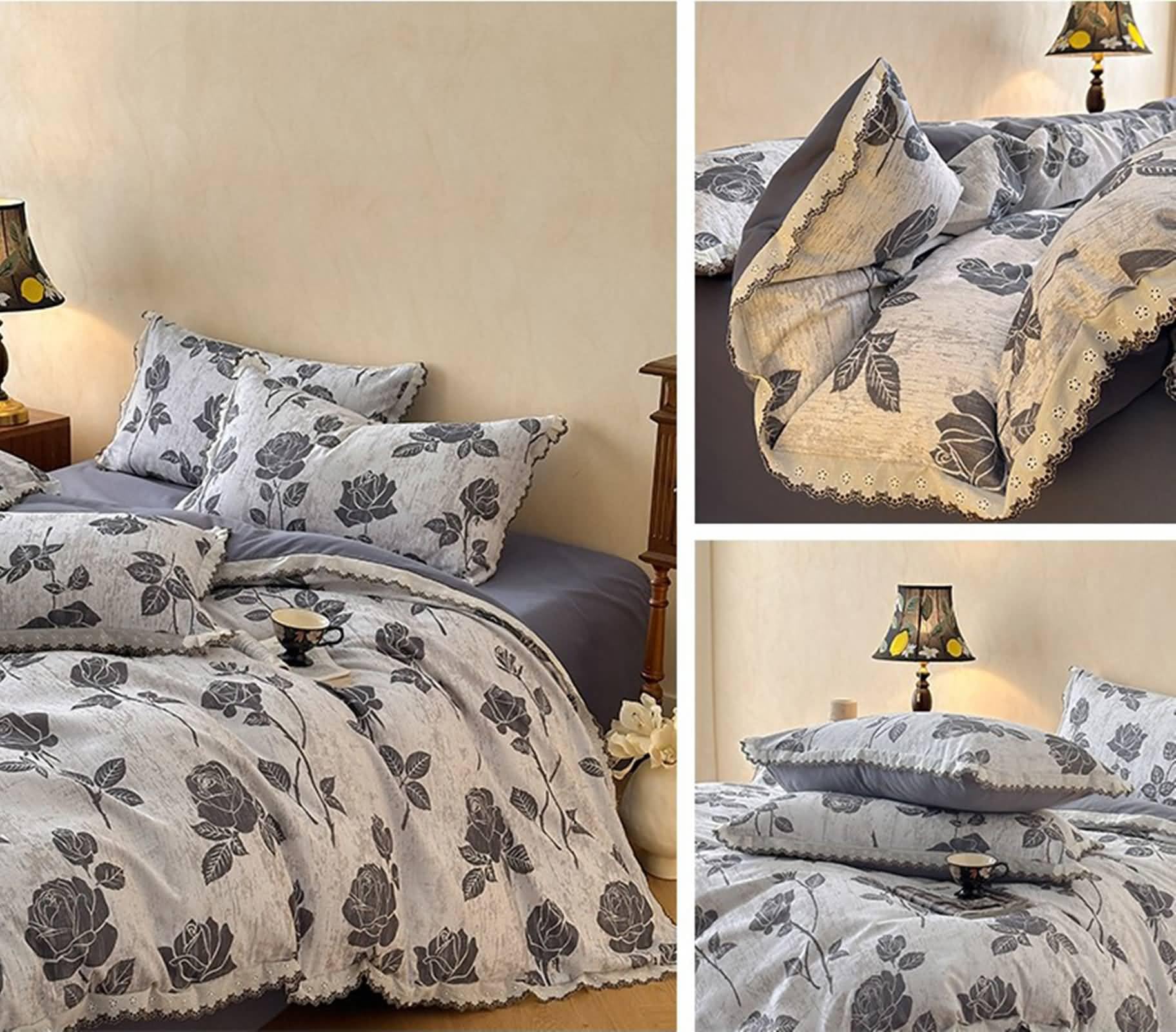 Gualiy 3-częściowy zestaw pościeli King Size, bawełna kwiat i liść z koronkową falbanką poszewka na kołdrę 200 x 230 cm z zapięciem na zamek błyskawiczny i 2 poszewki na poduszki, 1 prześcieradło z